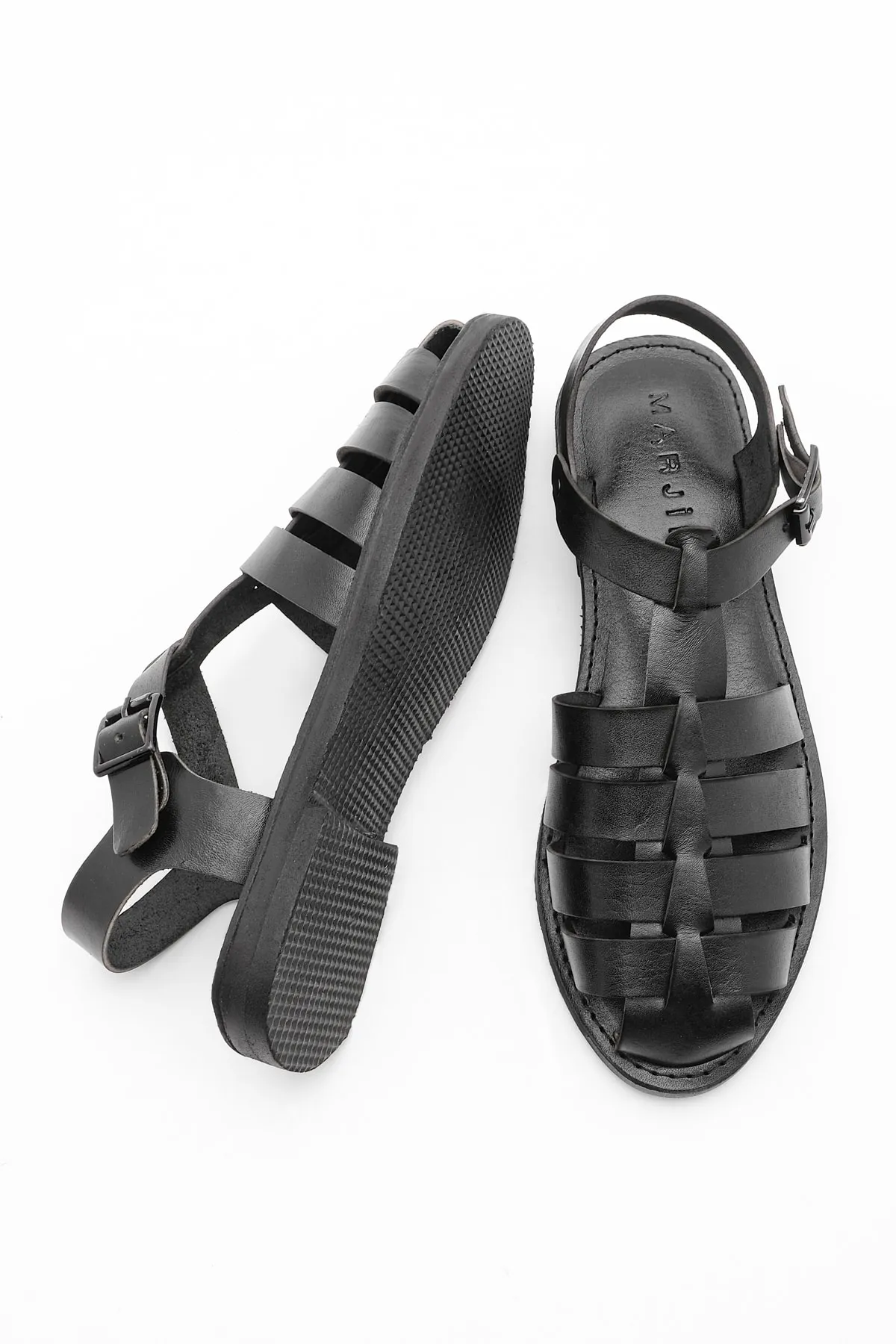Marjin  Damen-Sandalen aus echtem Leder, leichte Eva-Sohle, dickes Band, Alltagssandalen, Bangin, schwarz