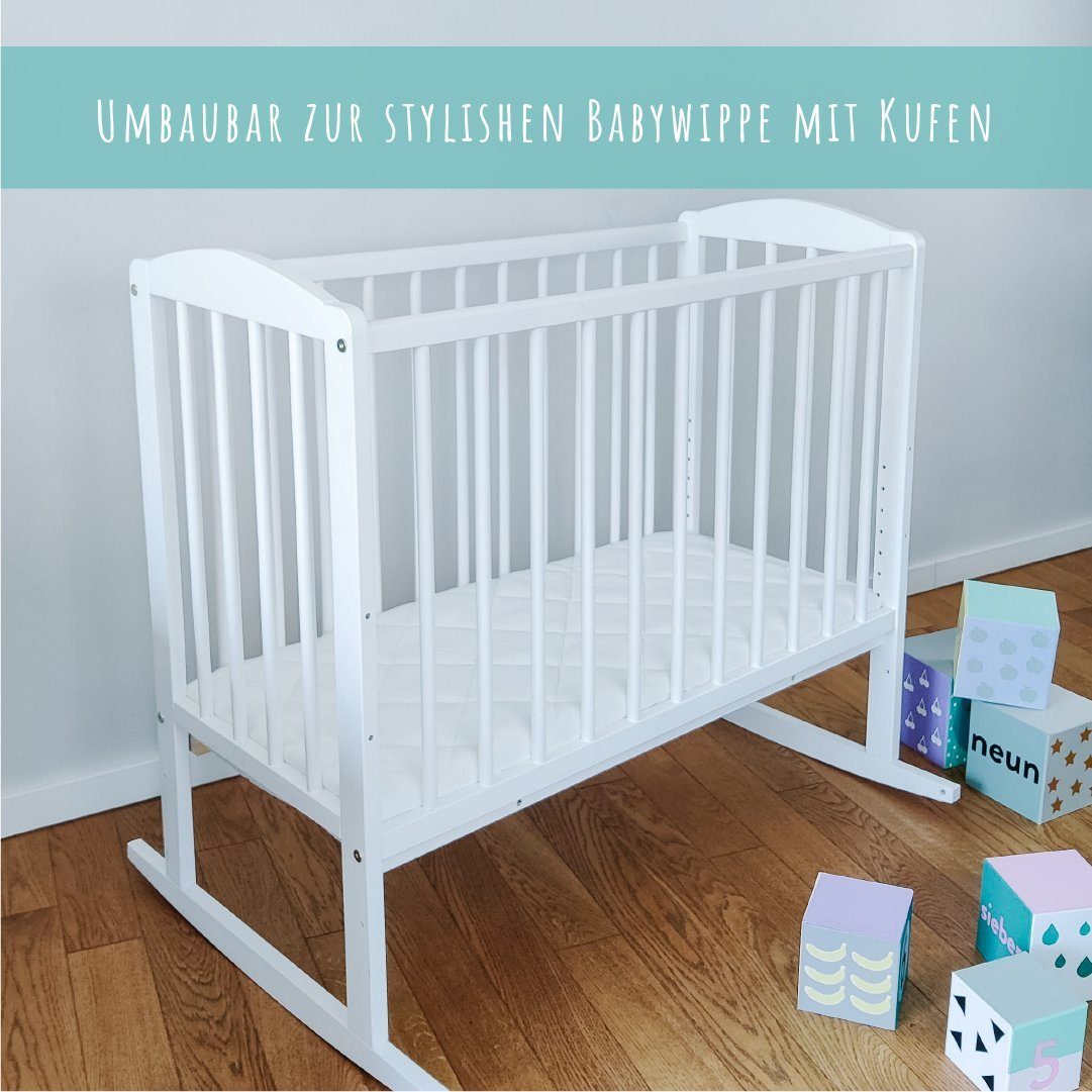 Kids Collective Beistellbett 90x40 cm mit Matratze, umbaubar zu 90x55 cm, 9 mal verstellbar, auch als Babywippe nutzbar, Kiefer-Vollholz in weiß