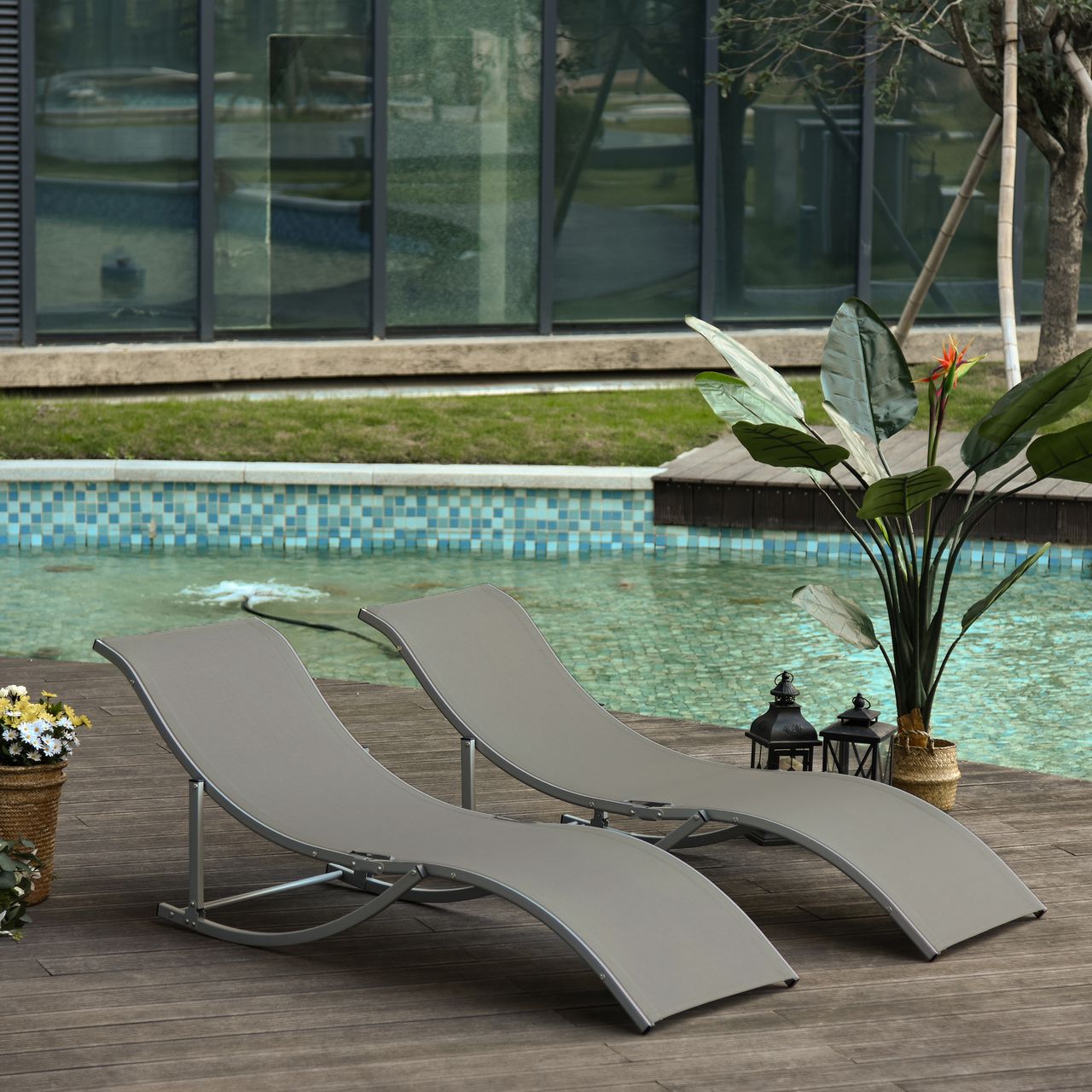 Outsunny 2er Set Sonnenliege Gartenliegen Stoffliege Relaxliege ergonomisch Aluminium Texteline Hellgrau 165 x 61 x 63 cm