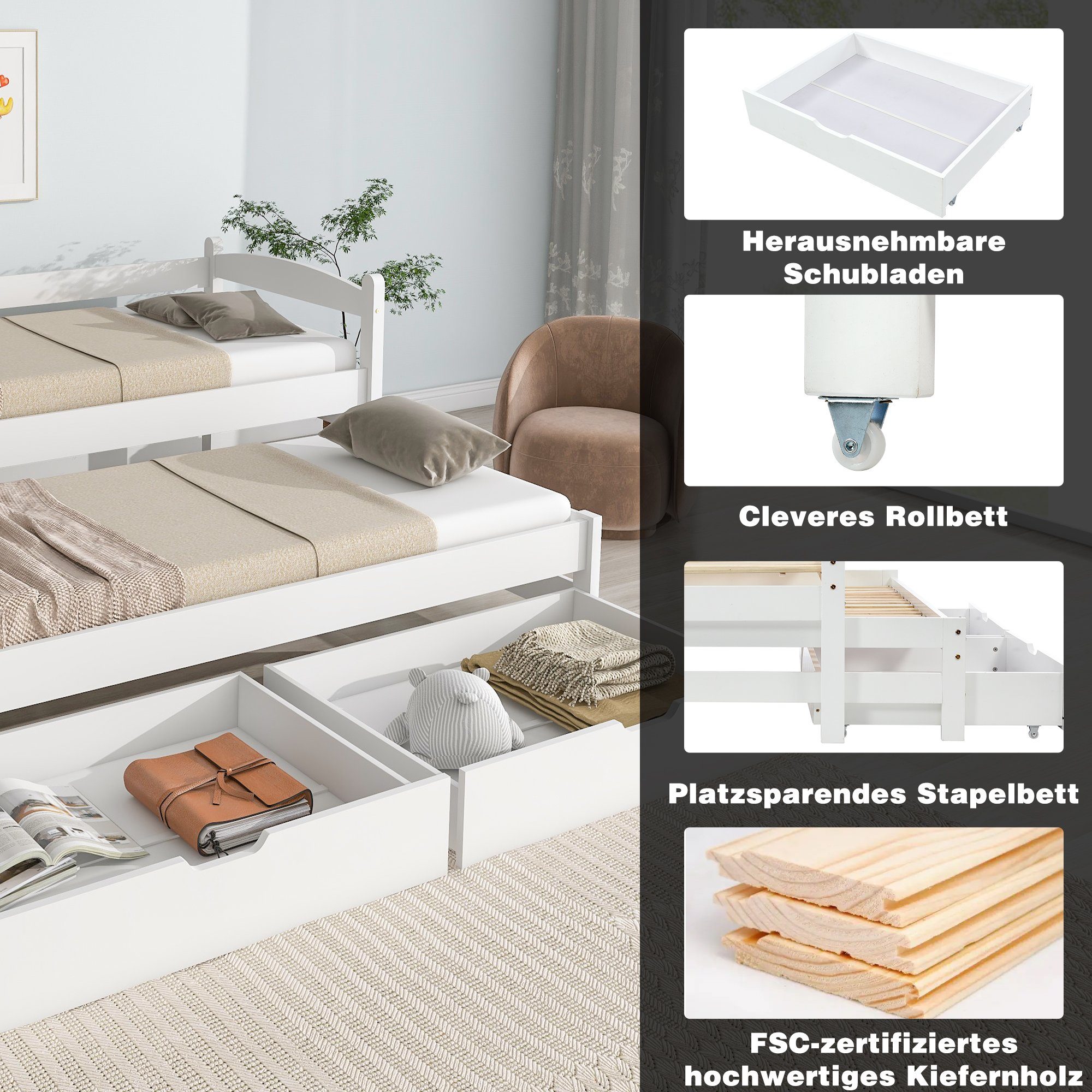 WISHDOR Kinderbett Bett, Tagesbett, Einzel- und Doppelbett, Schiebebett (mit 2 MDF-Schubladen, mit Rollen unten 200x90cm/190x90cm), Ohne Matratze