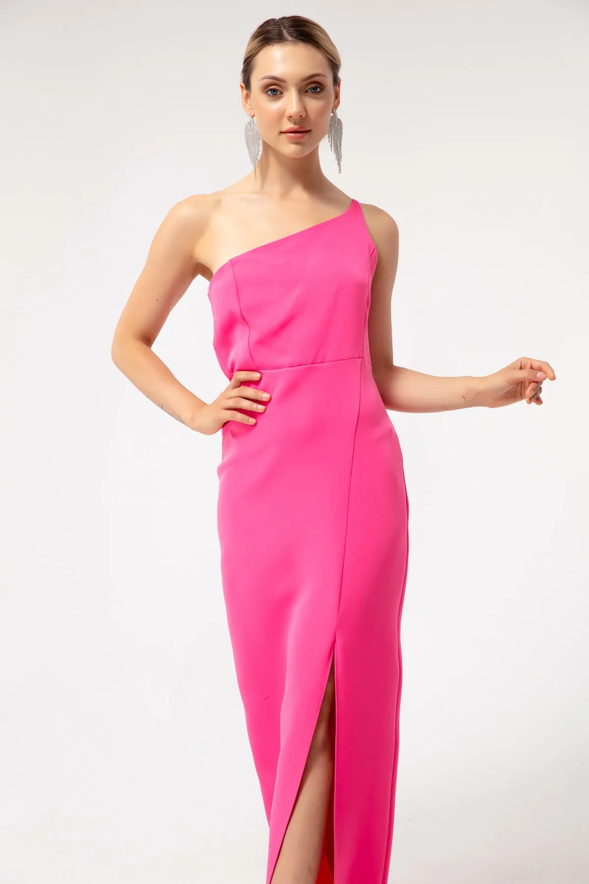 Lafaba  Fuchsiafarbenes One-Shoulder-Midikleid mit Schlitz für Damen