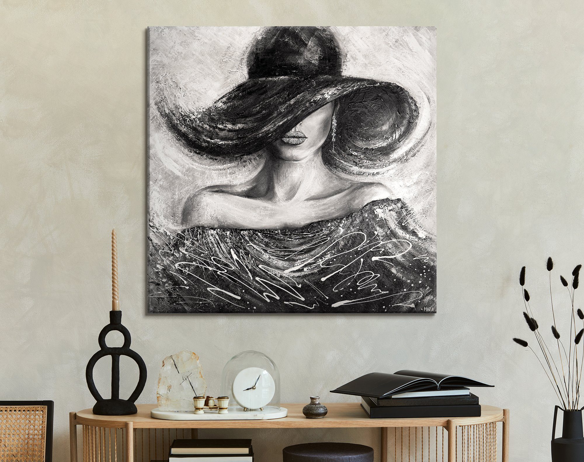 YS-Art Gemälde Charme, Menschen, Leinwand Bild Handgemalt Quadratisch Frau mit Hut schwarz