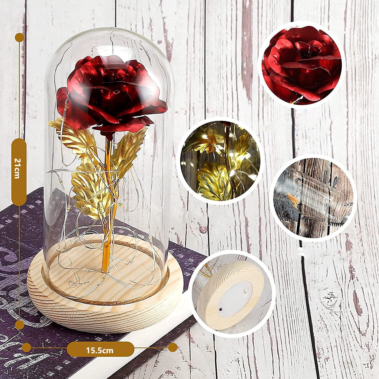 Kunstblume Geschenke für Frauen, Ewige Rose im Glas mit LED-Licht, AKKEE, Höhe 21 cm, für Frauen/Mama,Valentinstag Muttertag Geburtstag Weihnachten