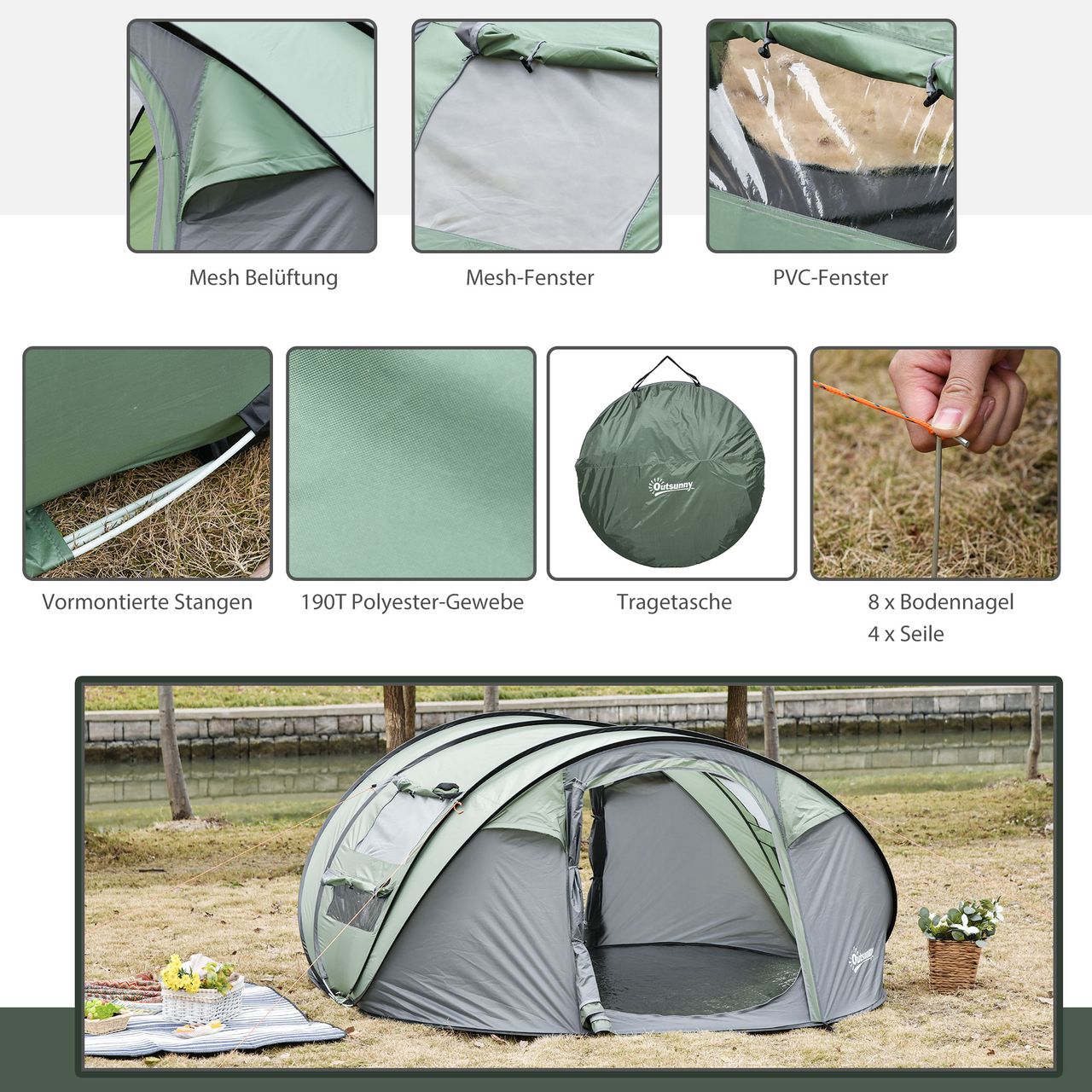 Outsunny Zelt für 4-5 Personen Campingzelt Kuppelzelt Glasfaser Dunkelgrün