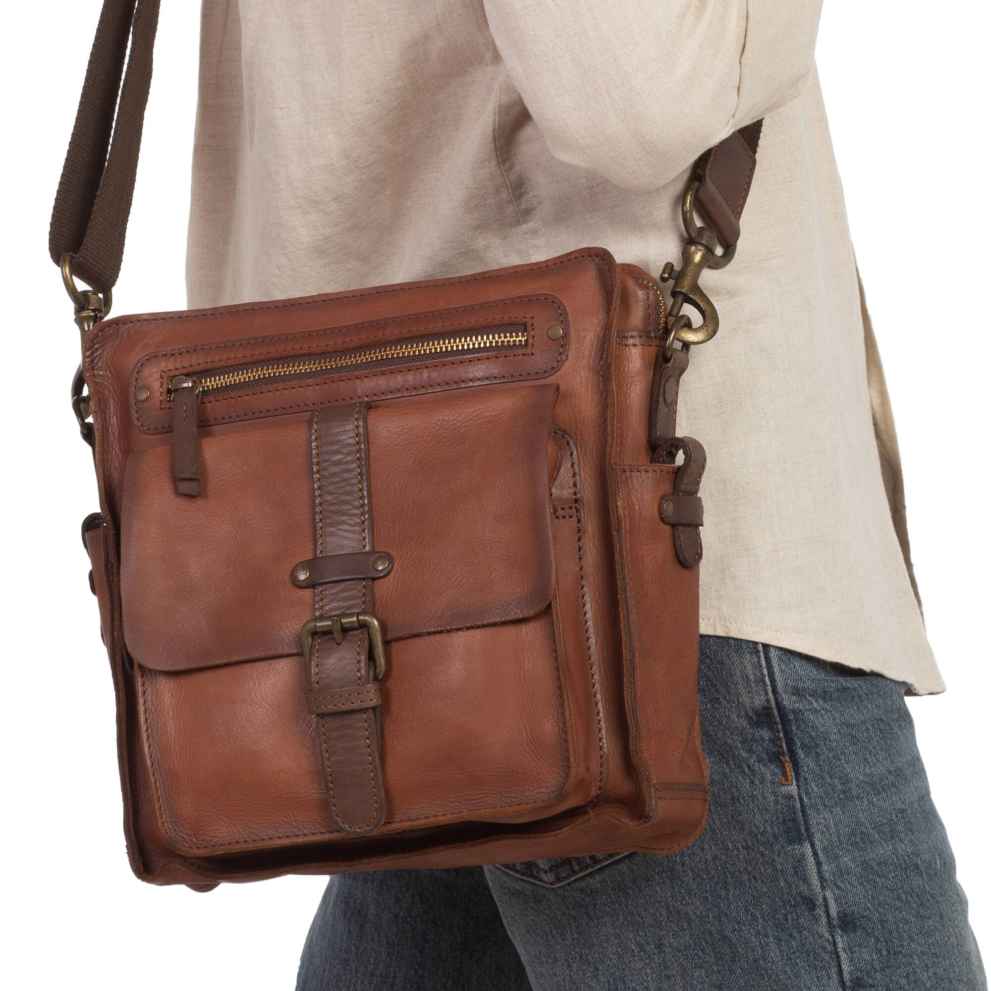 Męska torba z tkaniny washed line - COGNAC