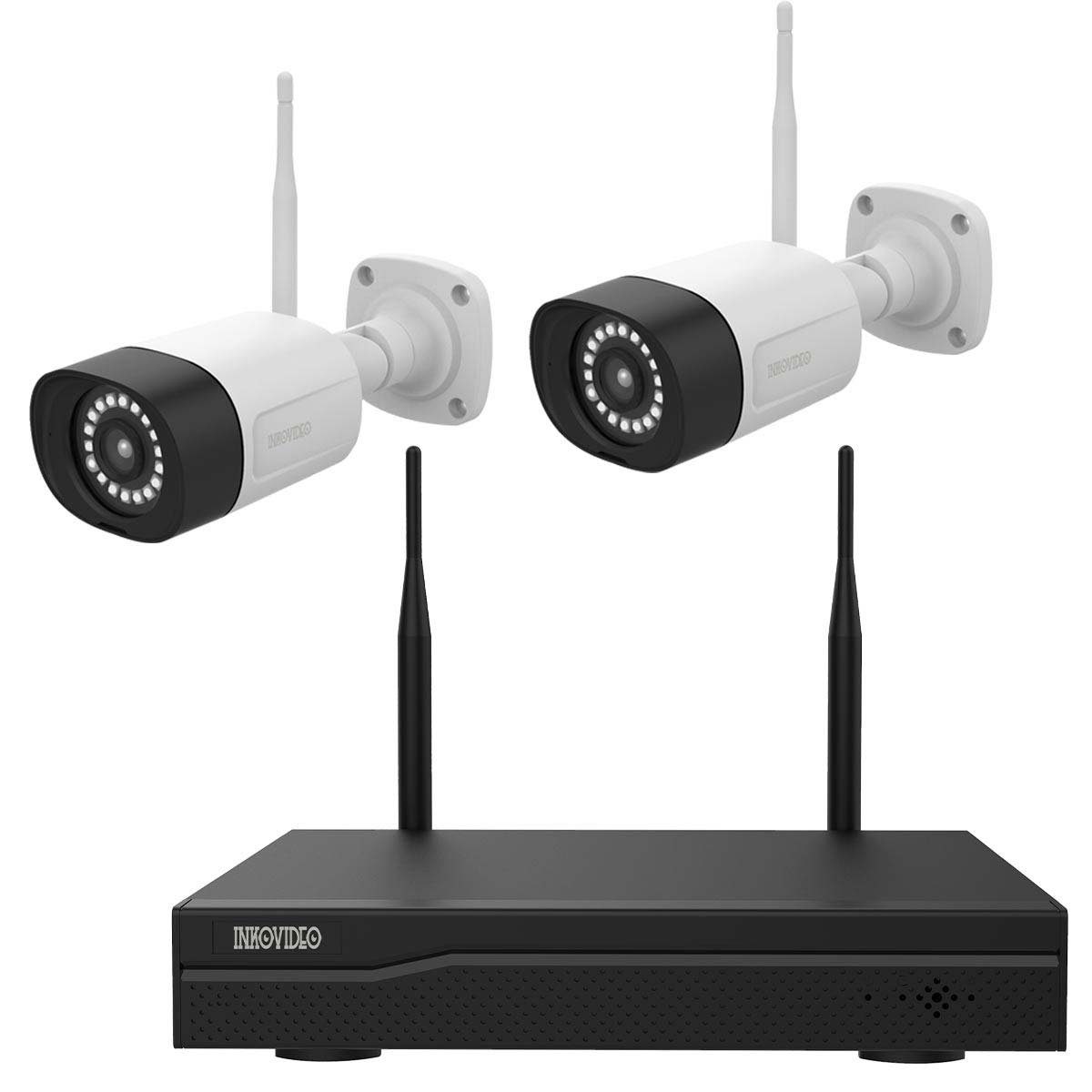 INKOVIDEO INKO-22M WLAN Komplettset mit 4-Kanal Netzwerkrekorder und 2x 3 MP Überwachungskamera (3-tlg., Plug and play, P2P, H.265 / H.265+ Komprimierung, Nachtsicht, Videorekorder mit HDMI-Ausgang)