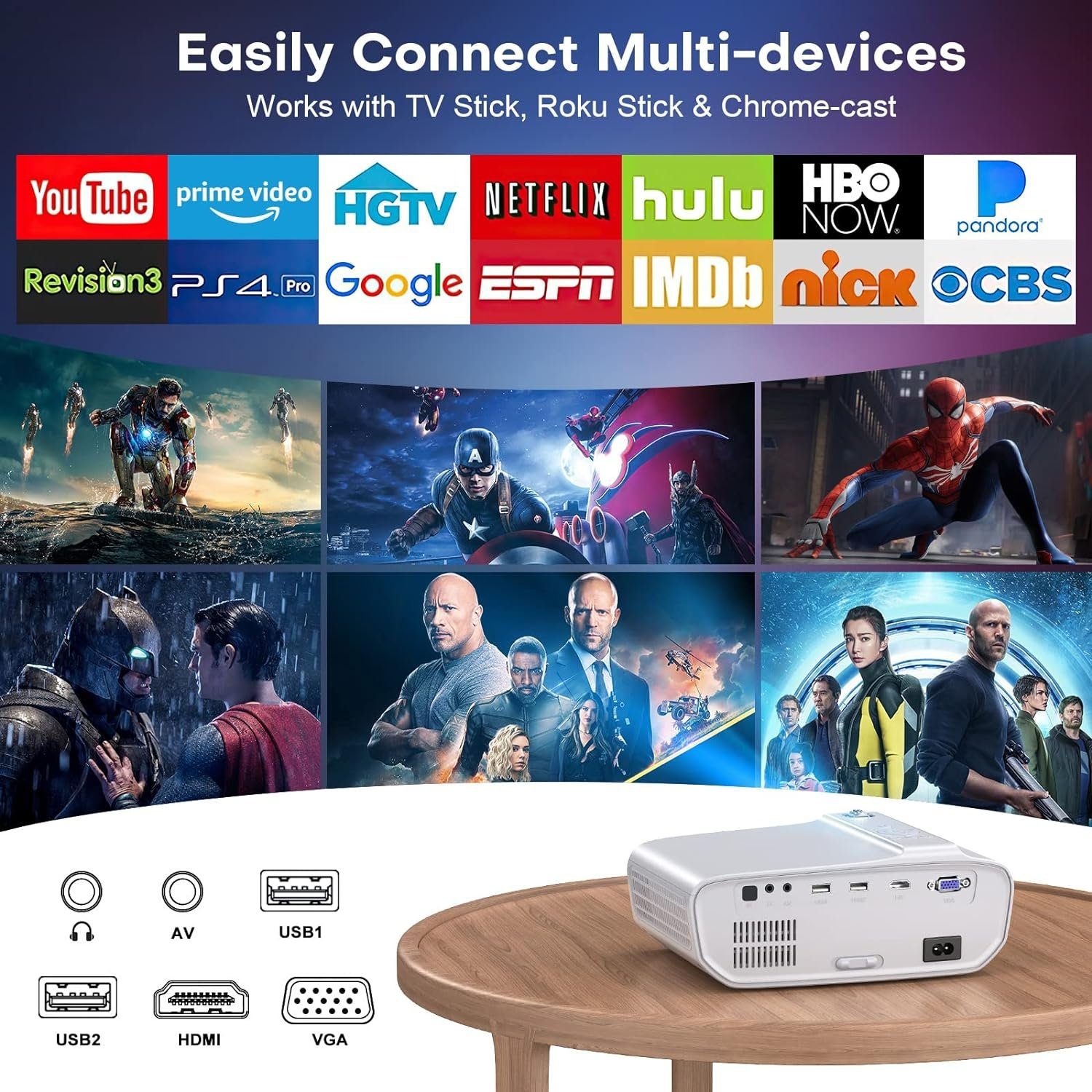 TOPVISION Bluetooth 5.1 Multimedia Heimkino250' Display Unterstützung Portabler Projektor (8500 lm, 10000:1, 1920 * 1080P px, kompatibel mit HDMI, USB, VGA, AV, Smartphone, Pad, TV Box, Laptop)
