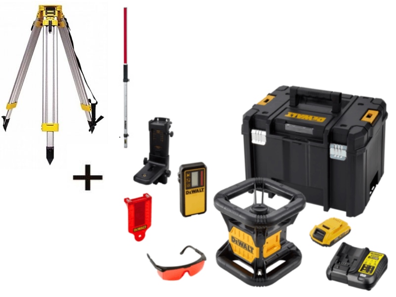 DeWalt DCE074D1R-SET Laser roșu rotativ complet automat Li-Ion de 18V și 2.0Ah (interior) + Riglă de măsurare DE0737 + Trepied din aluminiu DE0736 de 5/8