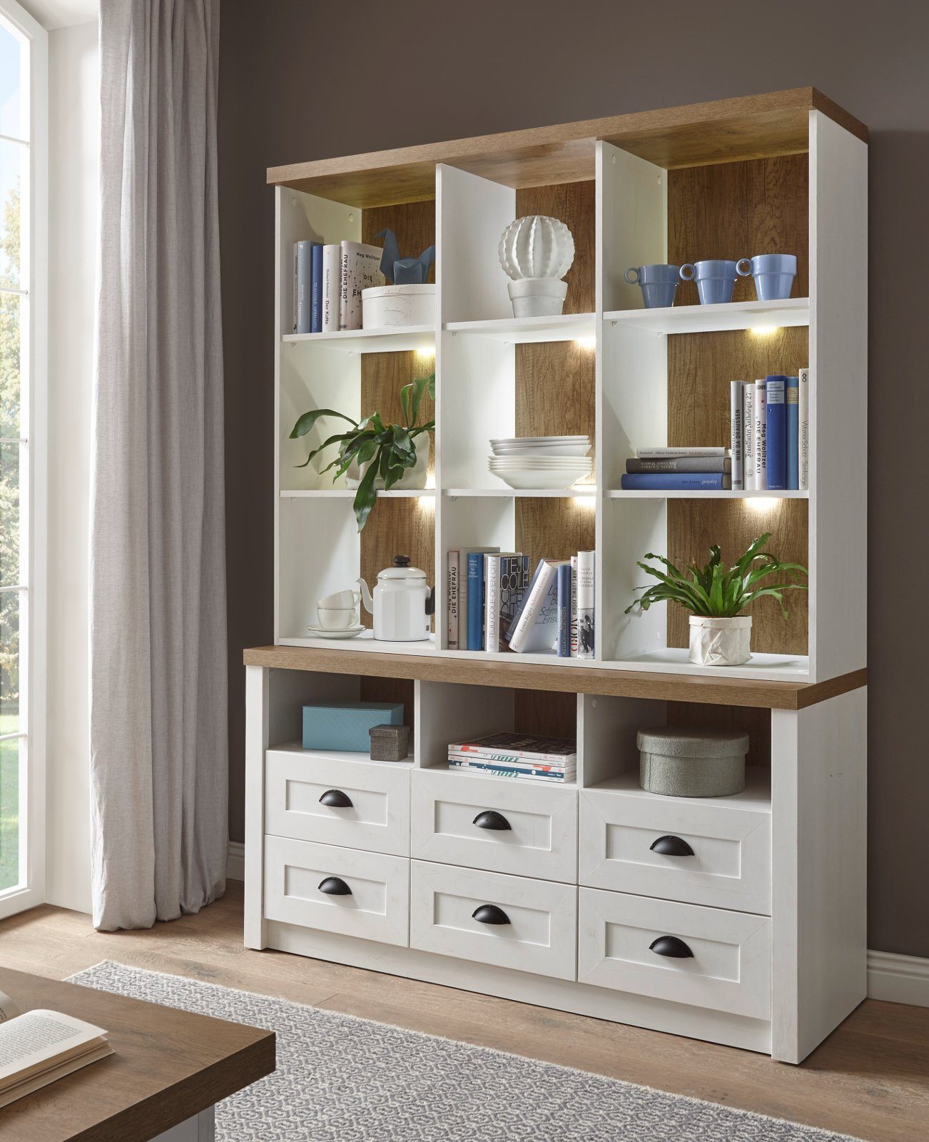 Furn.Design Buffet Seyne (Buffetschrank in Pinie weiß und Eiche hell, 130 x 180 cm) moderner Landhausstil, mit 6 Schubladen