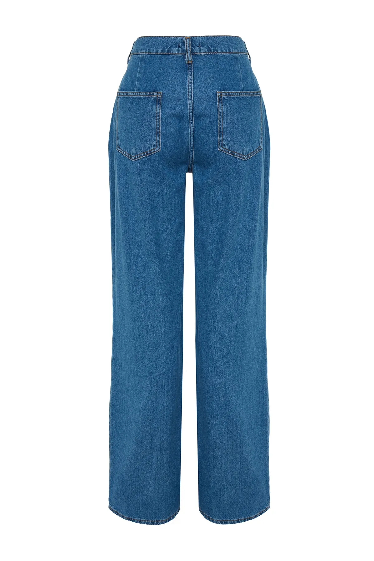 Trendyol Collection  Blaue Jeans mit hoher Taille und weitem Bein und Knopfleiste, Faltendesign TWOAW24JE00005