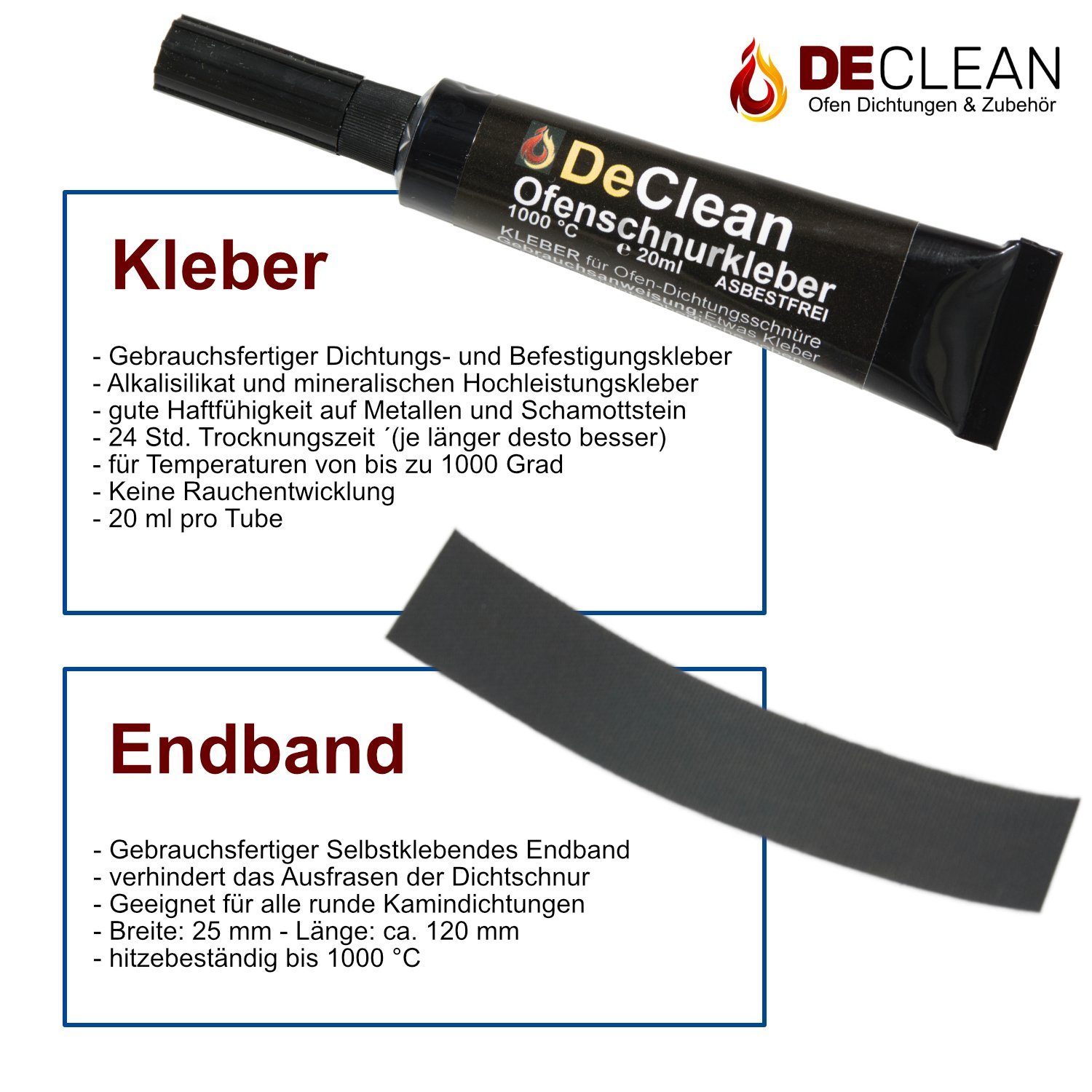 DeClean Türdichtband DeClean Dichtschnur für Kaminofen mit Kleber, Kamin Dichtband