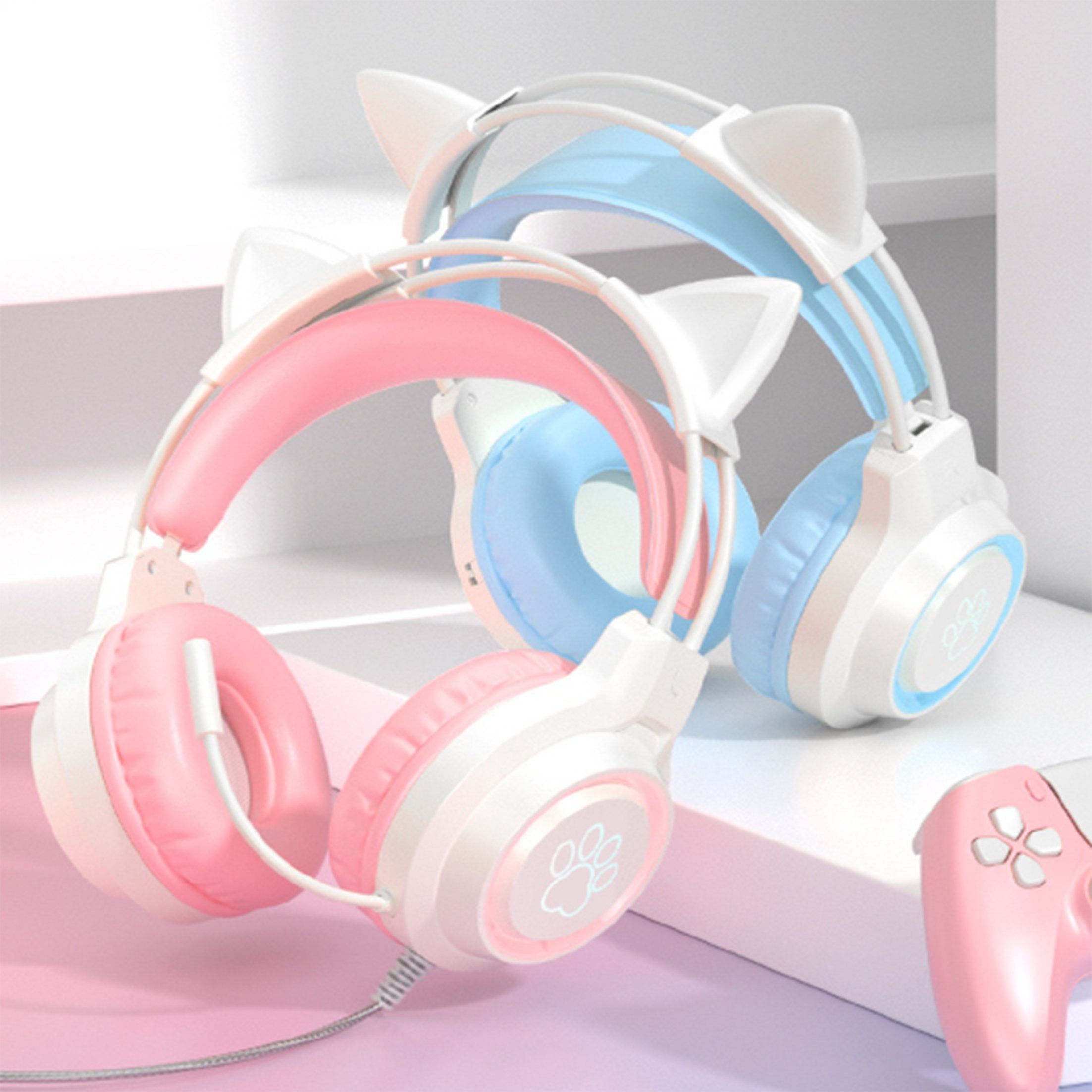 Diida Gaming-Headsets,Kopfhörer mit Geräuschunterdrückung für Katzenohren Gaming-Headset (Stereo, Abnehmbare Katzenohren, Klappbar)
