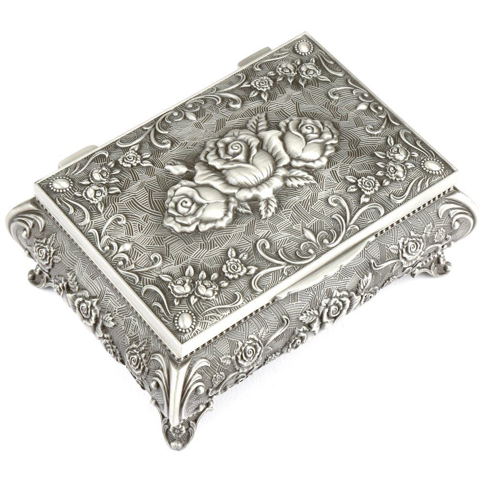 H&S Schmuckständer Antikes Schmuckkästchen mit Rosenmotiv und metallischem Glanz, Antik-Look Schmuckkästchen mit Blumenmotiv