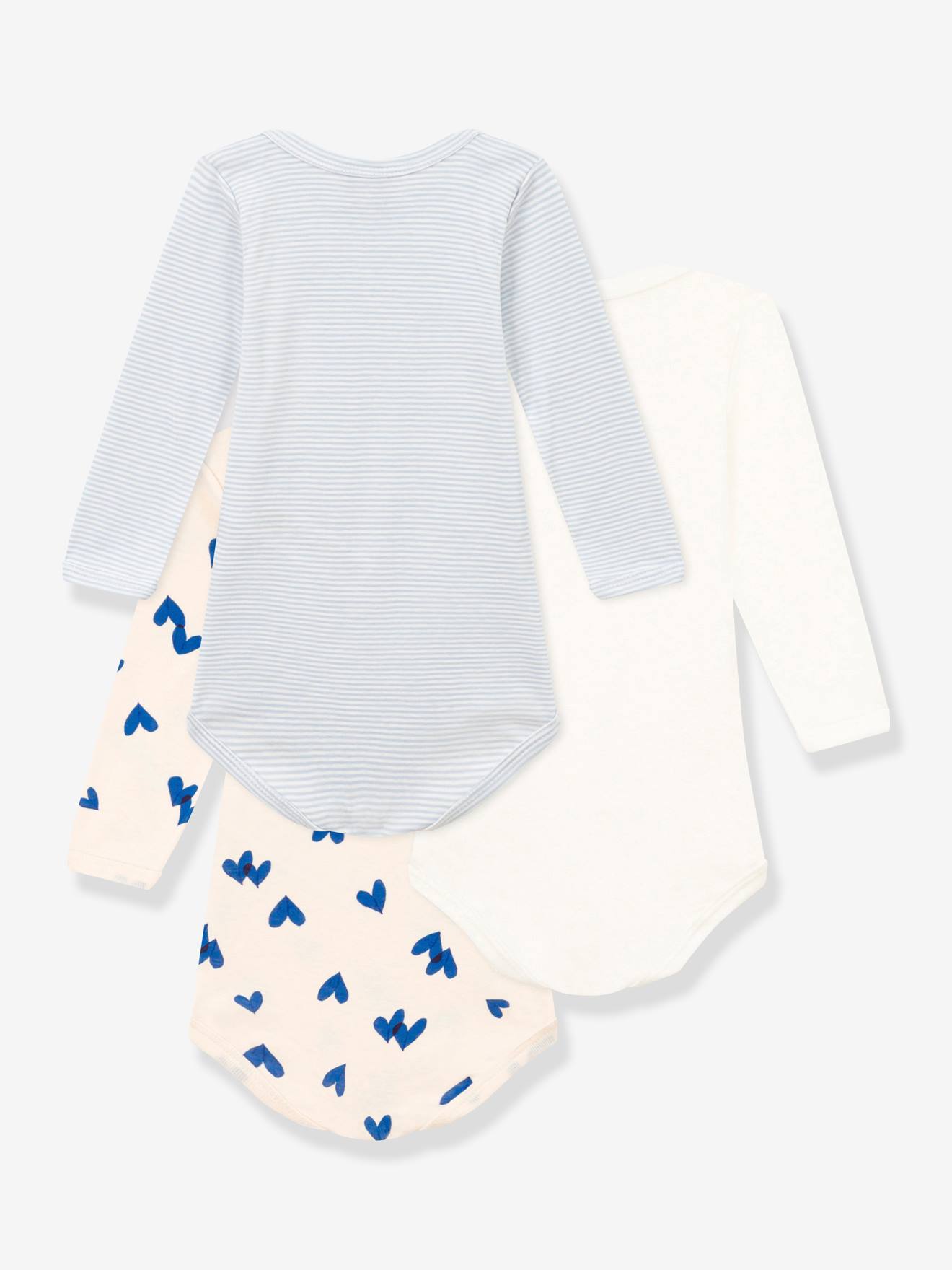 Lot de 3 bodies manches longues cœurs bleus bébé en coton PETIT BATEAU blanc imprimé