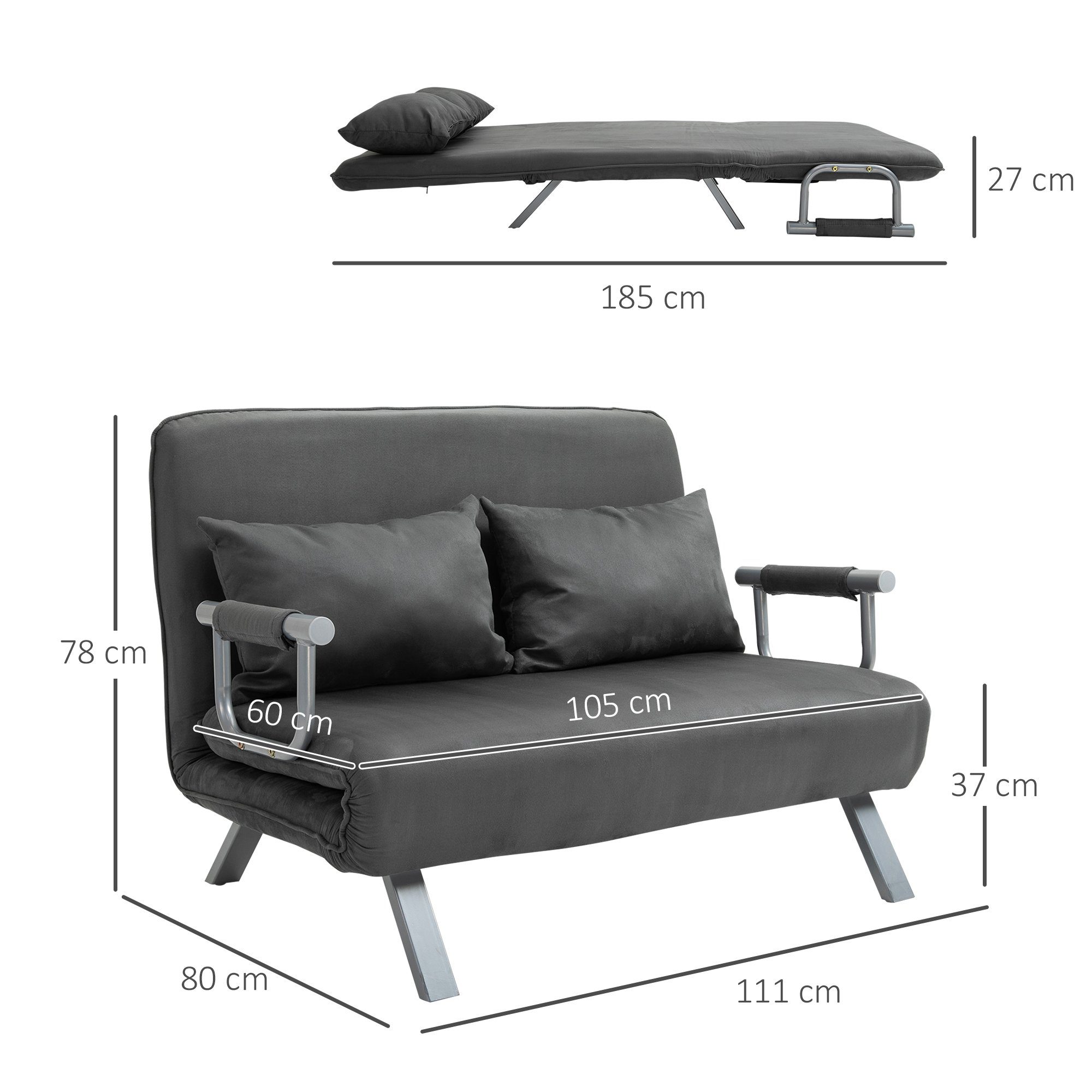 HOMCOM Schlafsofa Doppelsofa, Set 1 Teile, Schlafsessel Klappbett Gästebett Chaiselongue 3-in-1 Grau