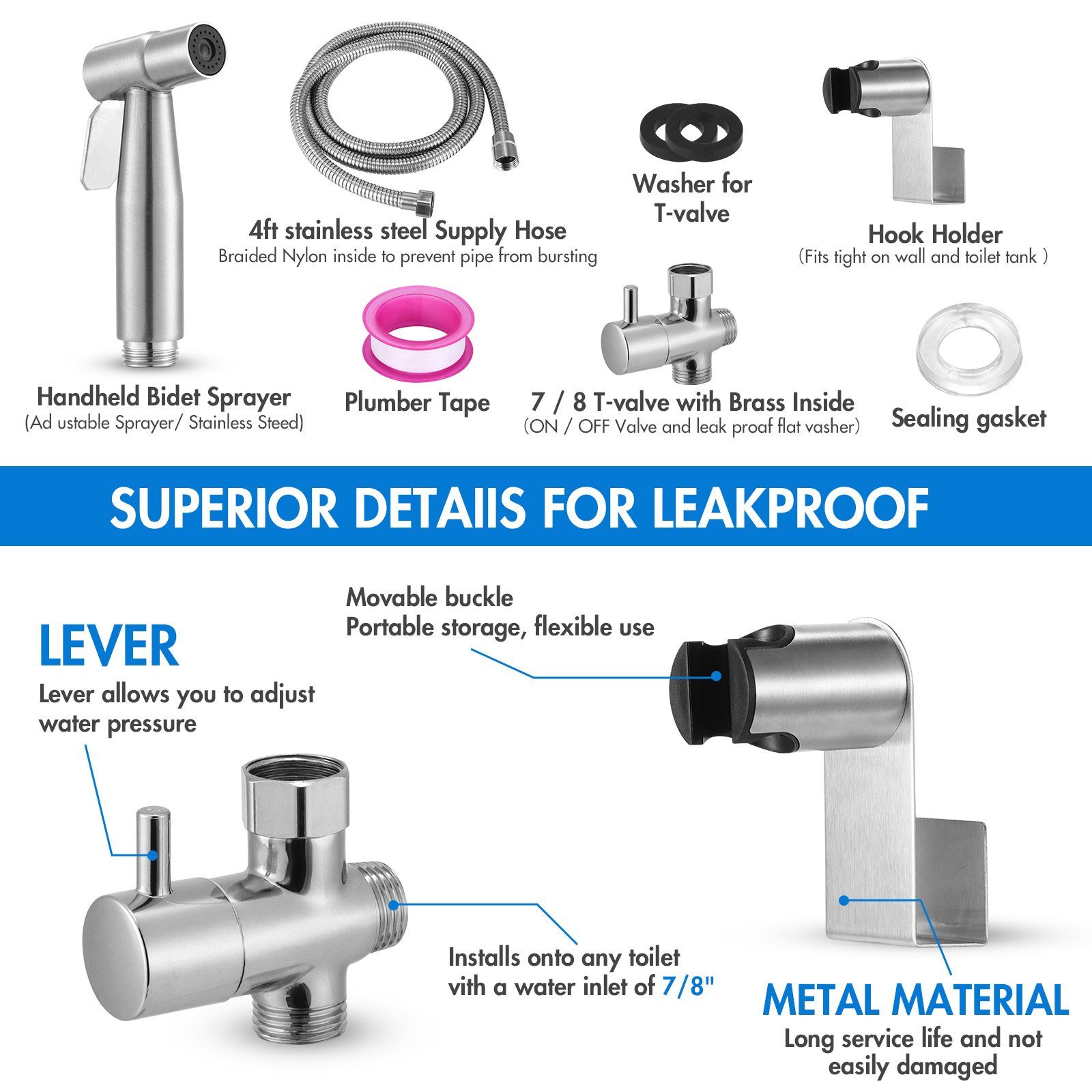 BlingBin Bidetarmatur Bidet Edelstahl Handbrause handgehaltenes Bidet-Toilettensprühgerät (1 Set, 1-St) Bidet Set mit Handbrause