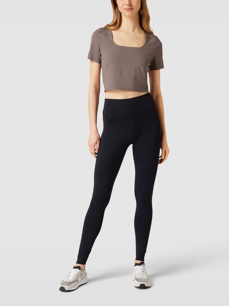 Cropped T-Shirt mit Label-Print in dunkelbraun