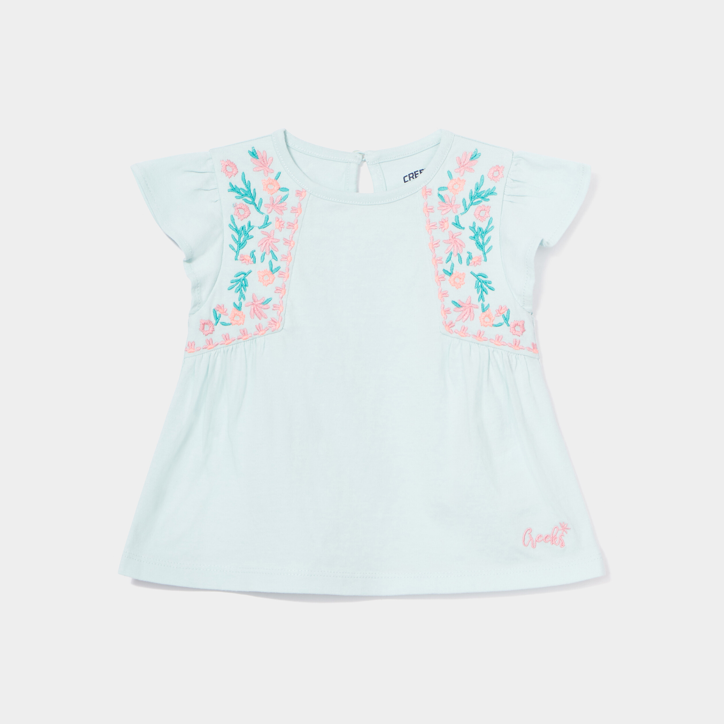 T-shirt broderie manches courtes Creeks bleu turquoise bébé fille | La Halle
