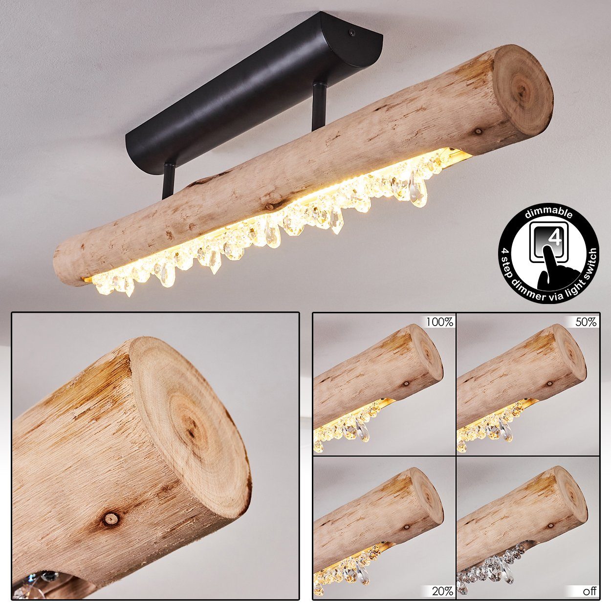 hofstein Deckenleuchte Lipusa längliche Deckenlampe aus Metall Schwarz und Holz, 3000 Kelvin, 1xLED 15 Watt, 1200 Lumen, über herkömmlichen Lichtschalter dimmbar