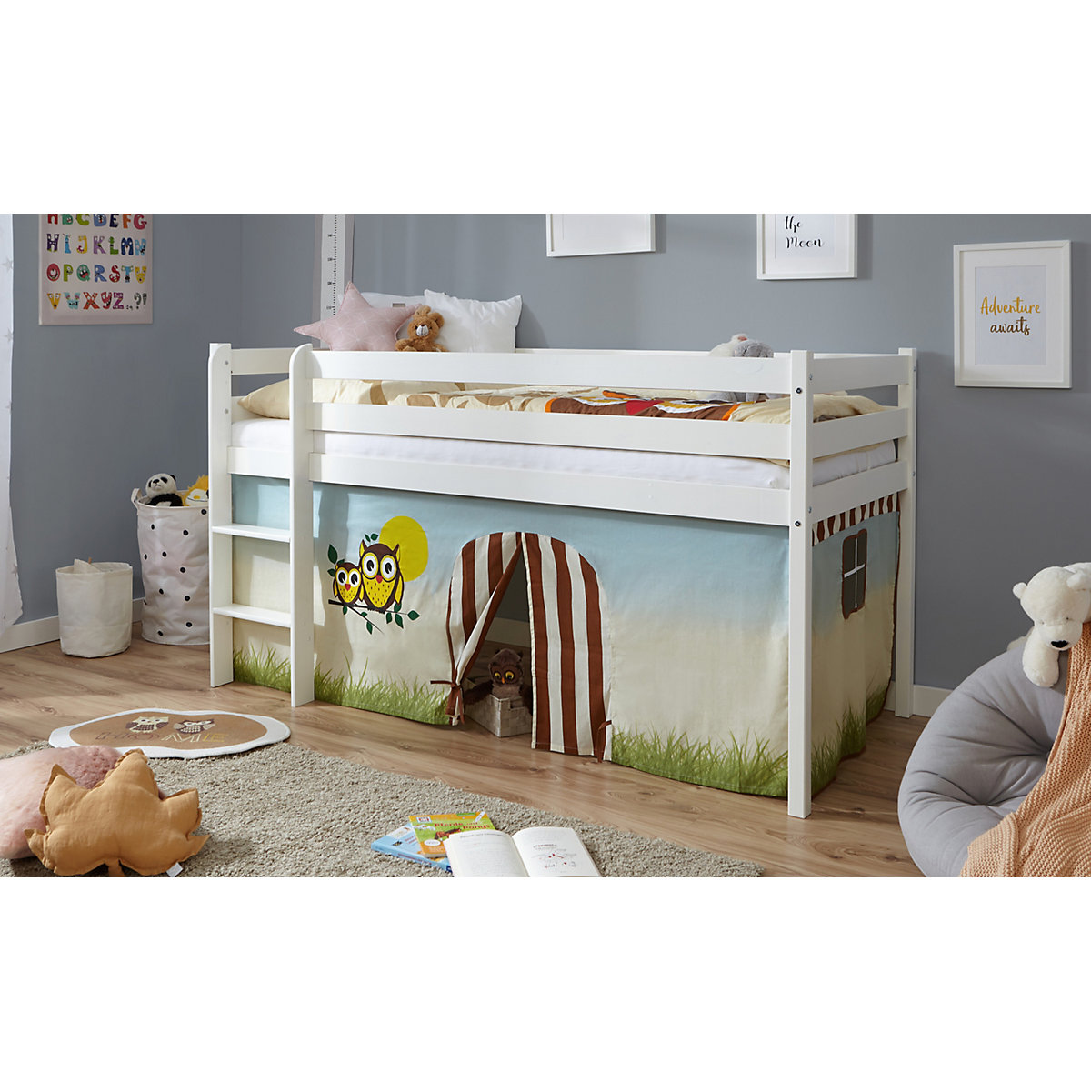 Hochbett Kiefer Weiß Vorhang 