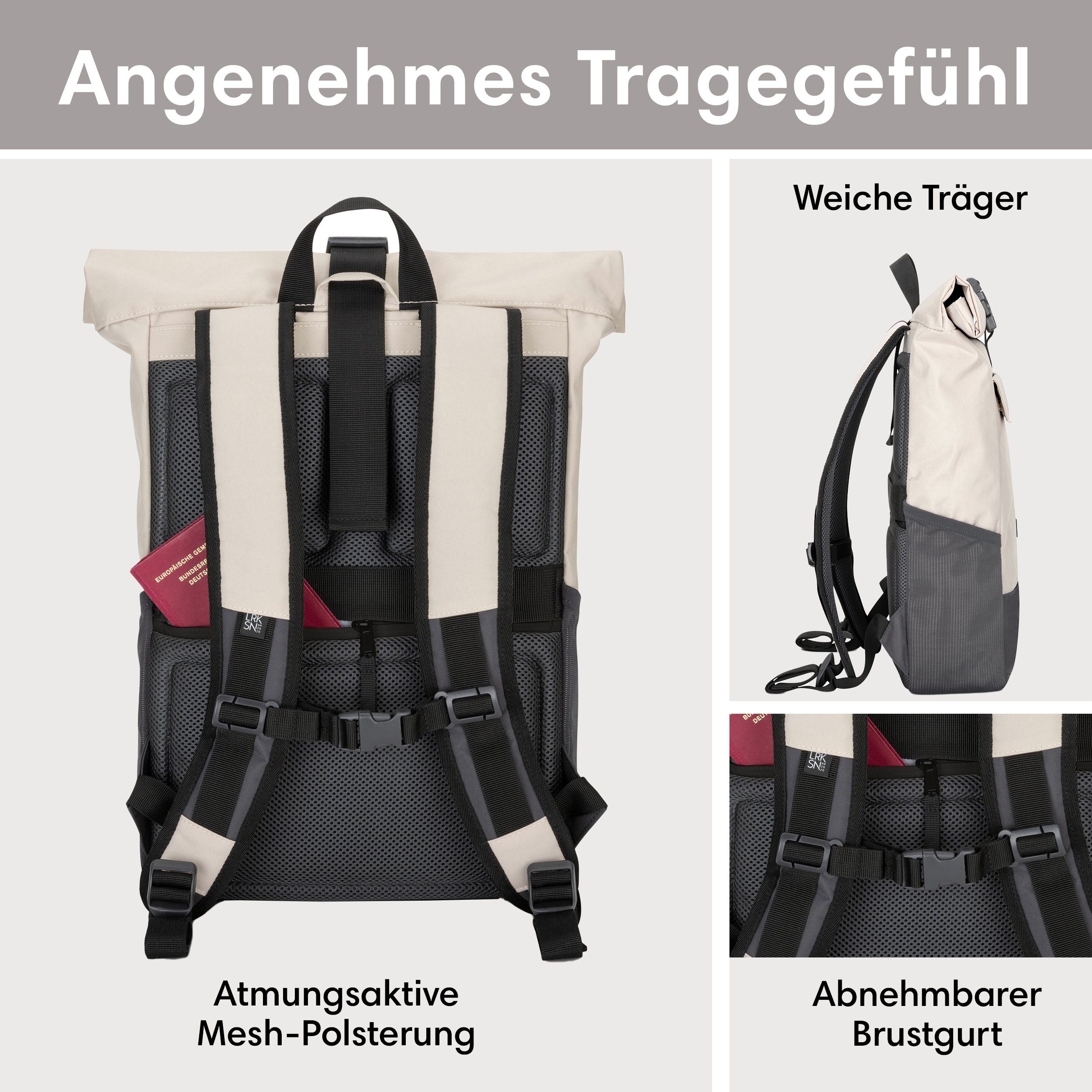 LARKSON Cityrucksack No 4, Rolltop Damen Herren, Laptop Fach, Wasserabweisend