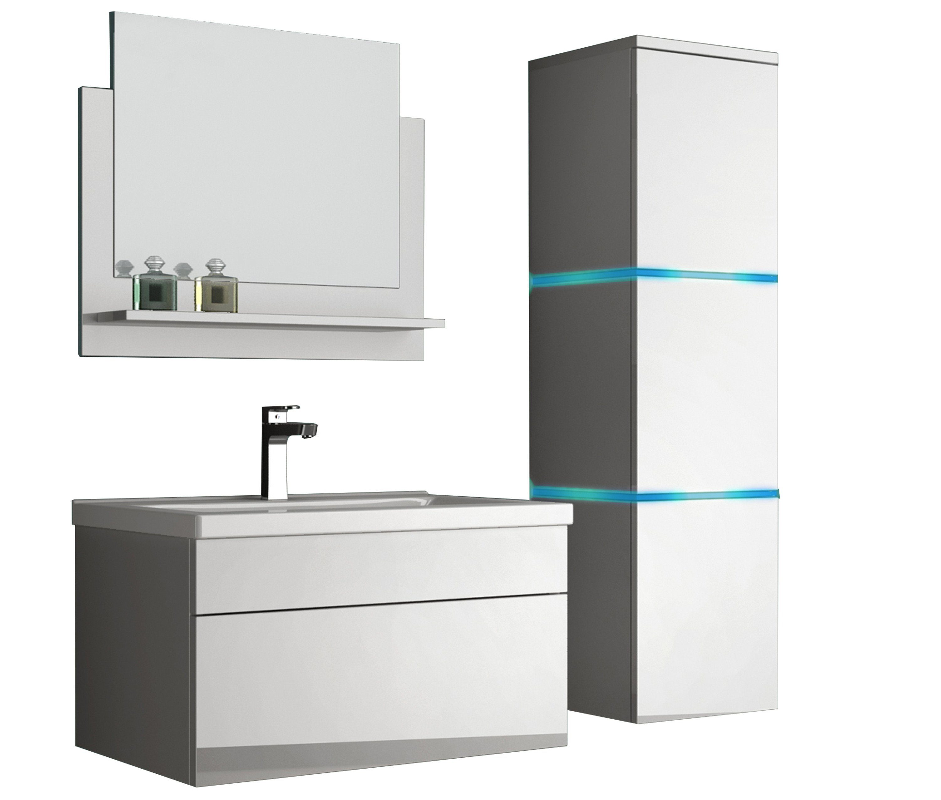 Aileenstore Badmöbel-Set Island 60, (4-St., Badmöbel-Set 4-teilig), Breite 61 cm, LED-Beleuchtung, hochglanz