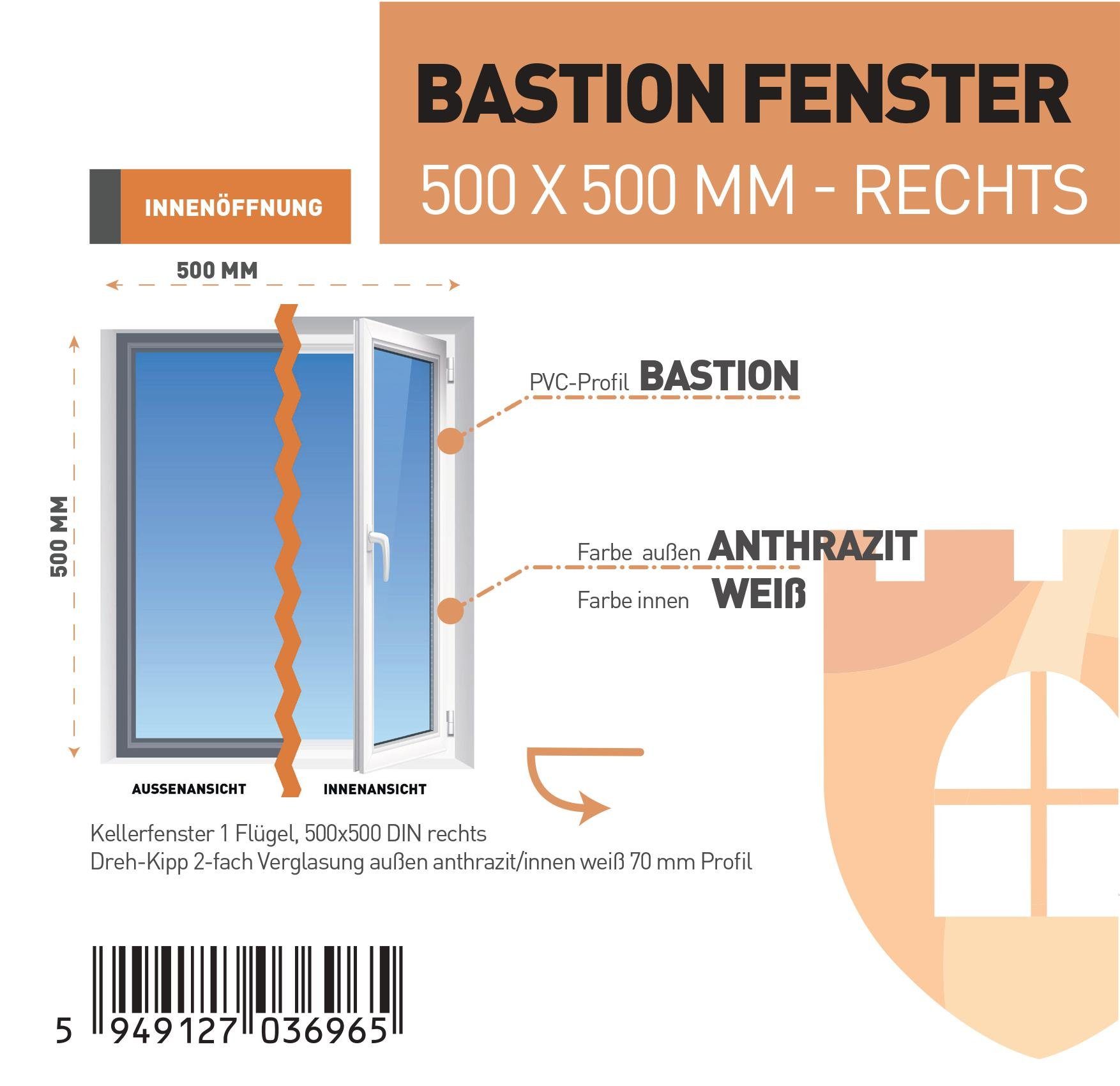 SN DECO GROUP Kellerfenster 1 Flügel, 500x500, außen anthrazit/innen weiß, 70 mm Profil, (Set), RC2 Sicherheitsbeschlag, Hochwertiges 5-Kammer-Profil