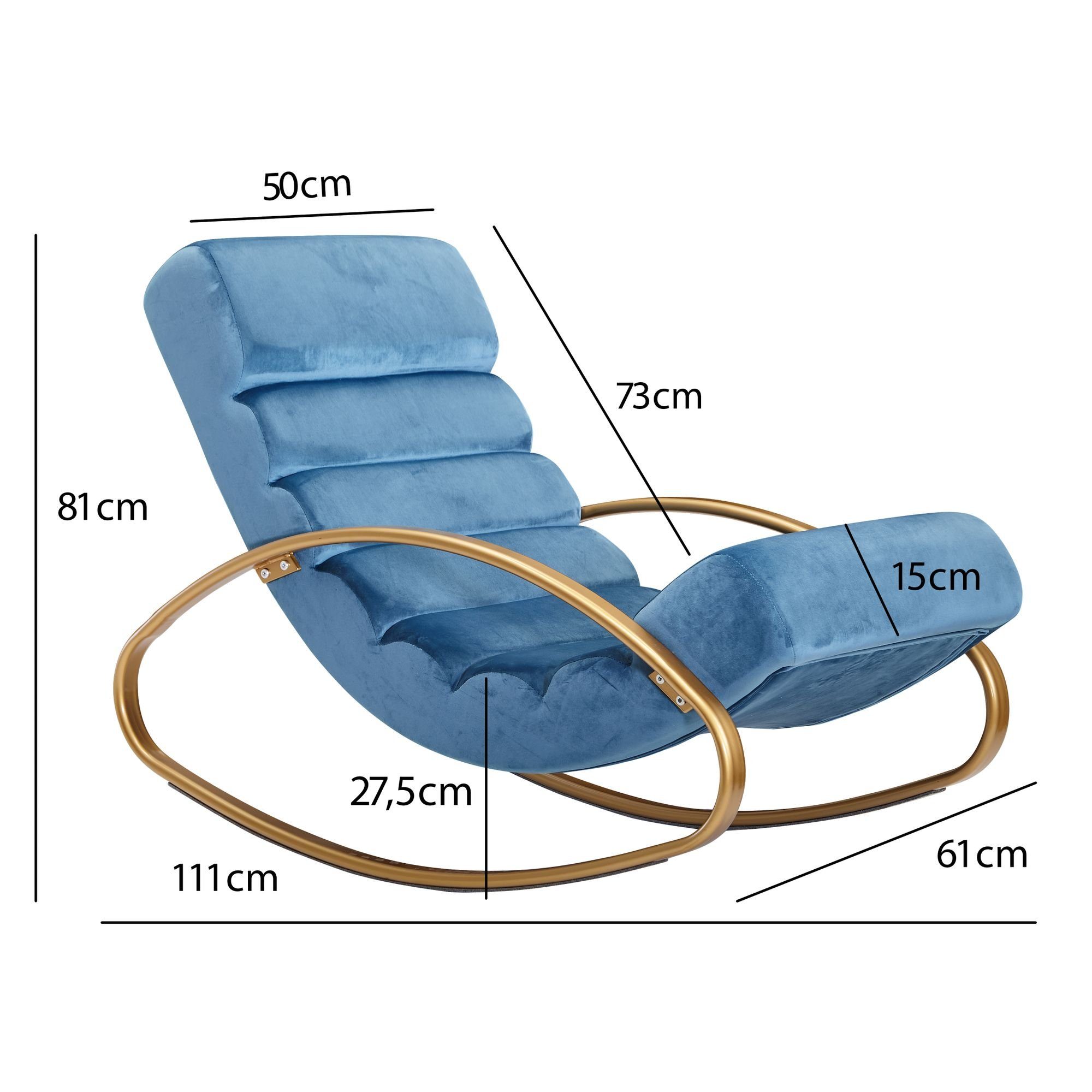 FINEBUY Schaukelstuhl FB23824 (Relaxliege Samt Blau / Gold 150 kg 61x81x111 cm), Schwingsessel Modern, Schwingstuhl Lounge Liege