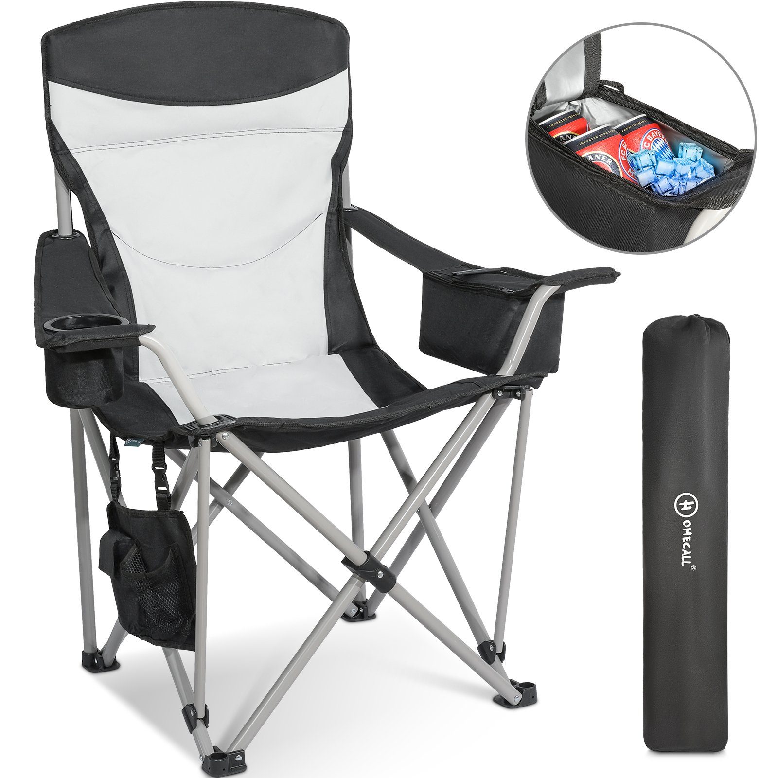 HOMECALL Campingstuhl Luxus Faltstuhl Angelnstuhl Kühltasche, Reißverschluss Isoliertasche, Seitentasche, Getränkehalter, bis 150KG