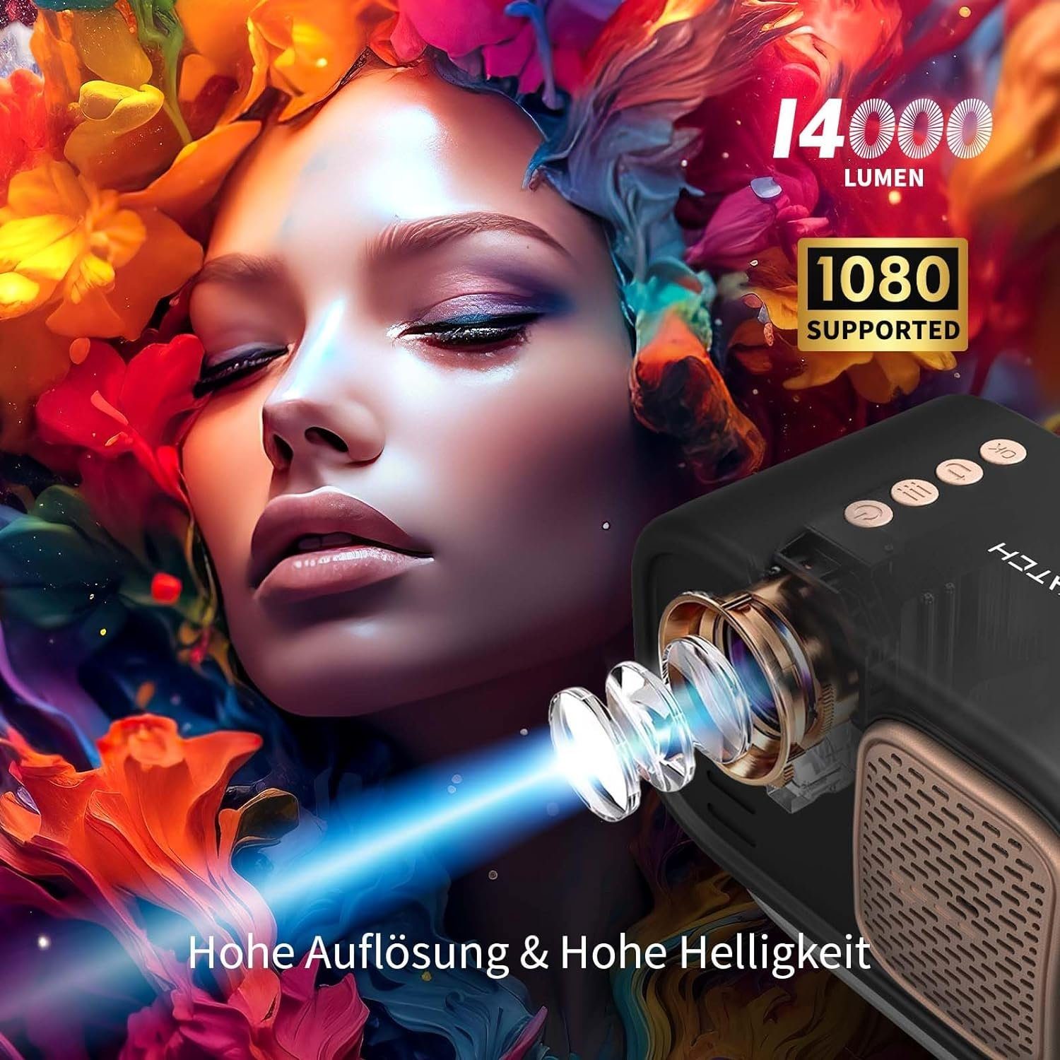 WEWATCH V11 Mini Elektrischer Fokus/Trapezkorrektur 45°±360° Rotating Portabler Projektor (14000 lm, 1920 x 1080 px, Full HD WiFi6 Bluetooth Projektor 300''Display mitiOS/Android/TV Stick)