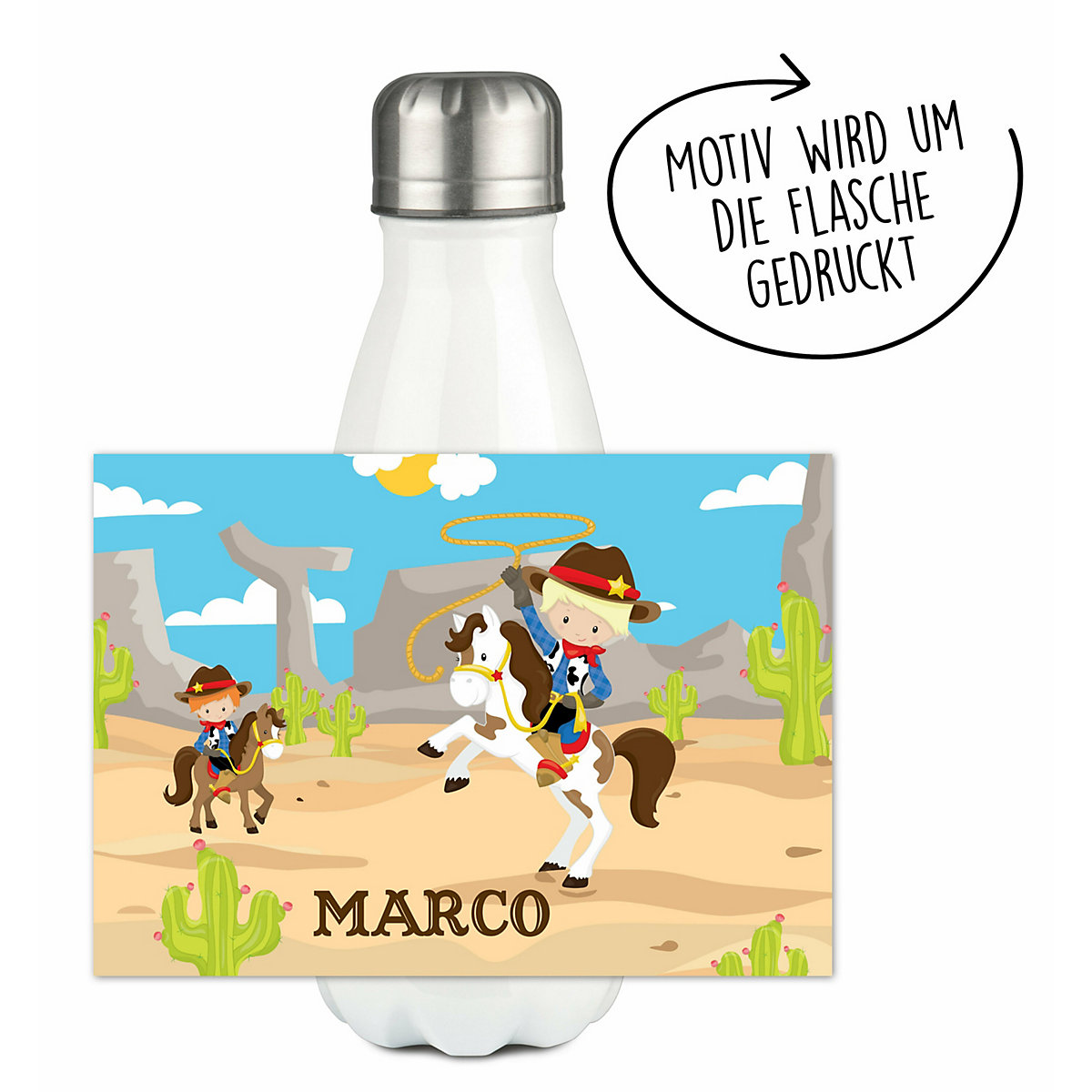 Edelstahl Kinder Thermoflasche / Trinkflasche bunt Cowboy Spülmaschinenfest, Auslaufsicher, Bruchfest, Doppelwandig, Für Heißgetränke geeignet, Mit Deckel, Isoliert