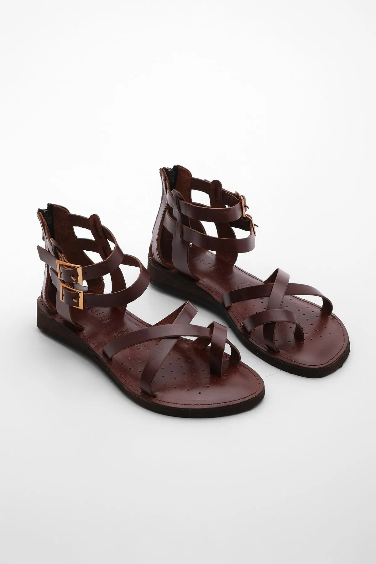 Marjin  Damen Echtleder Leichte Eva Sohle Flip Flop Alltagssandalen Zelos Rot Braun
