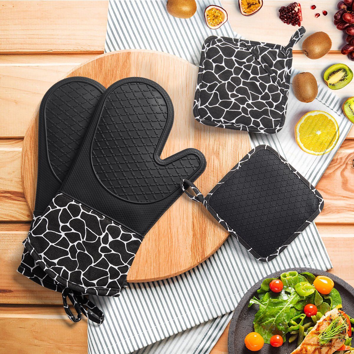 Elegear Topfhandschuhe 2 Topflappen, 1Paar Handschuhe, Hitzebeständig, rutschfest, (4-tlg), mit Halbsilikonpads, Topflappen für Kochen, Backen, Grillen, Schwarz