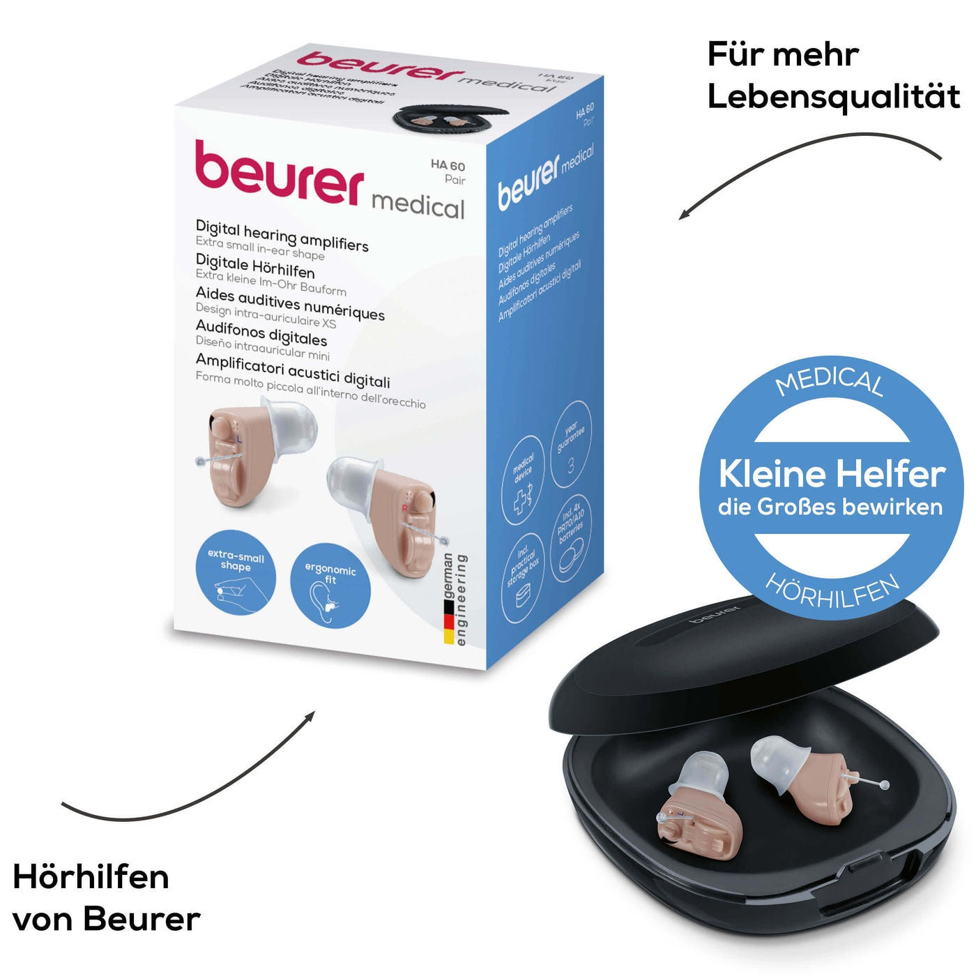 Beurer Hörhilfe HA 60 Pair-Hörhilfe mit extra kleiner Im-Ohr-Bauform mit 3 Aufsätzen für jeden Gehörgang