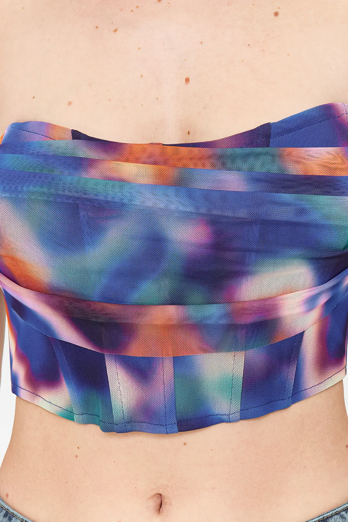 Trendyol Collection  Blau-mehrfarbiges, floral bedrucktes Tüll-Bustier TPRSS23BS00104