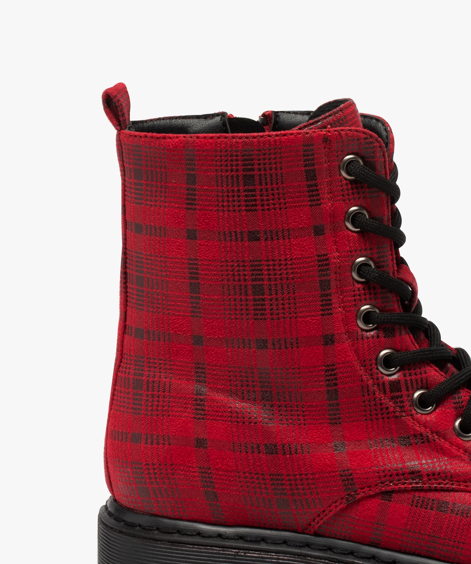 Boots femme rangers à semelle crantée et dessus fantaisie rouge | GEMO