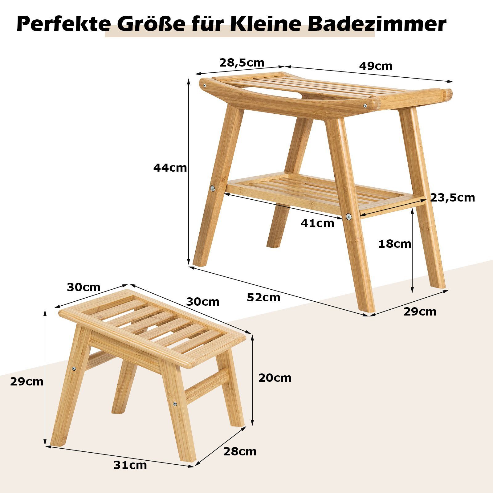 COSTWAY Duschhocker, belastbar bis 150 kg, mit Fußhocker, Fach, Bambus