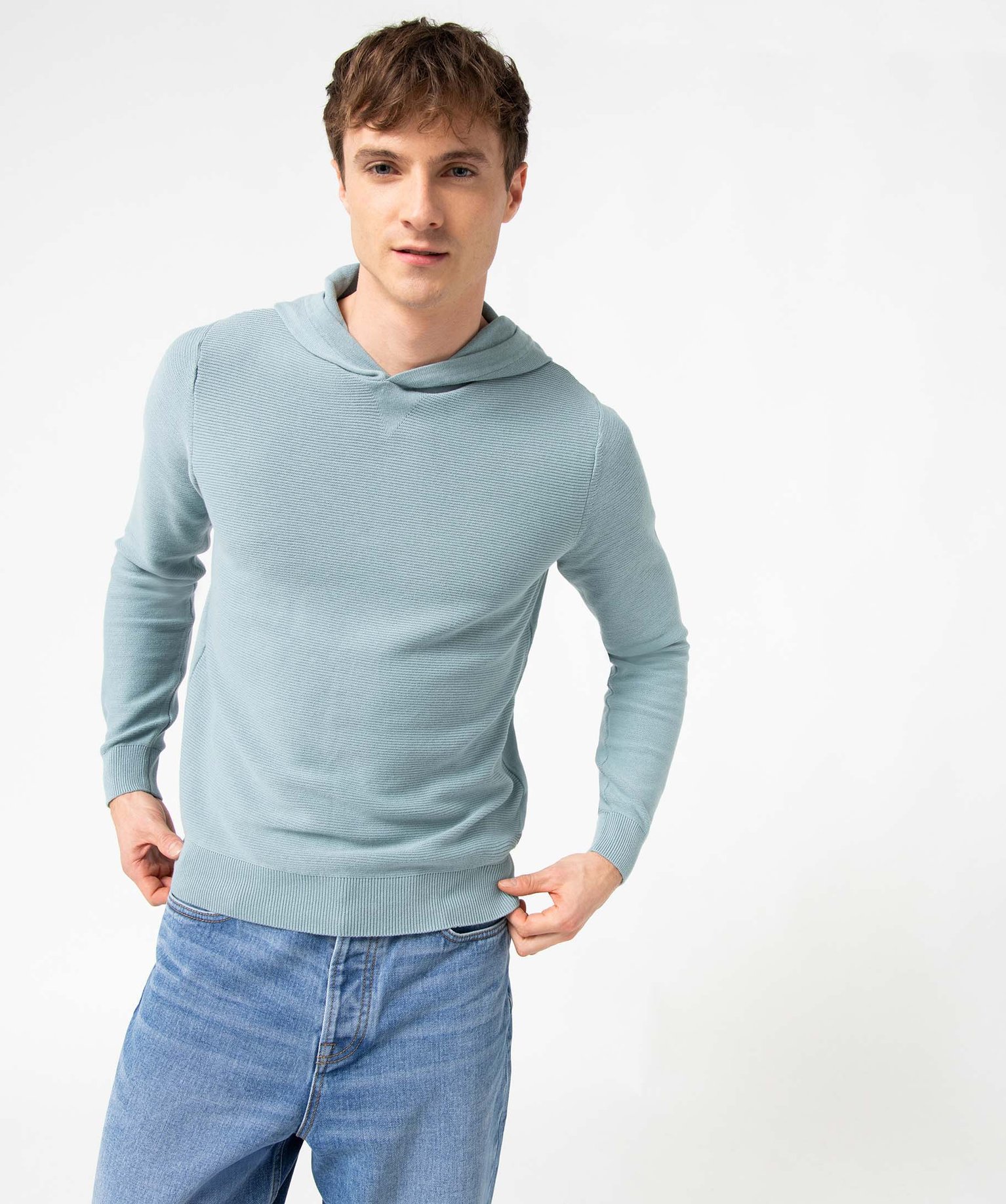 Pull homme en maille ctelée à capuche bleu | GEMO