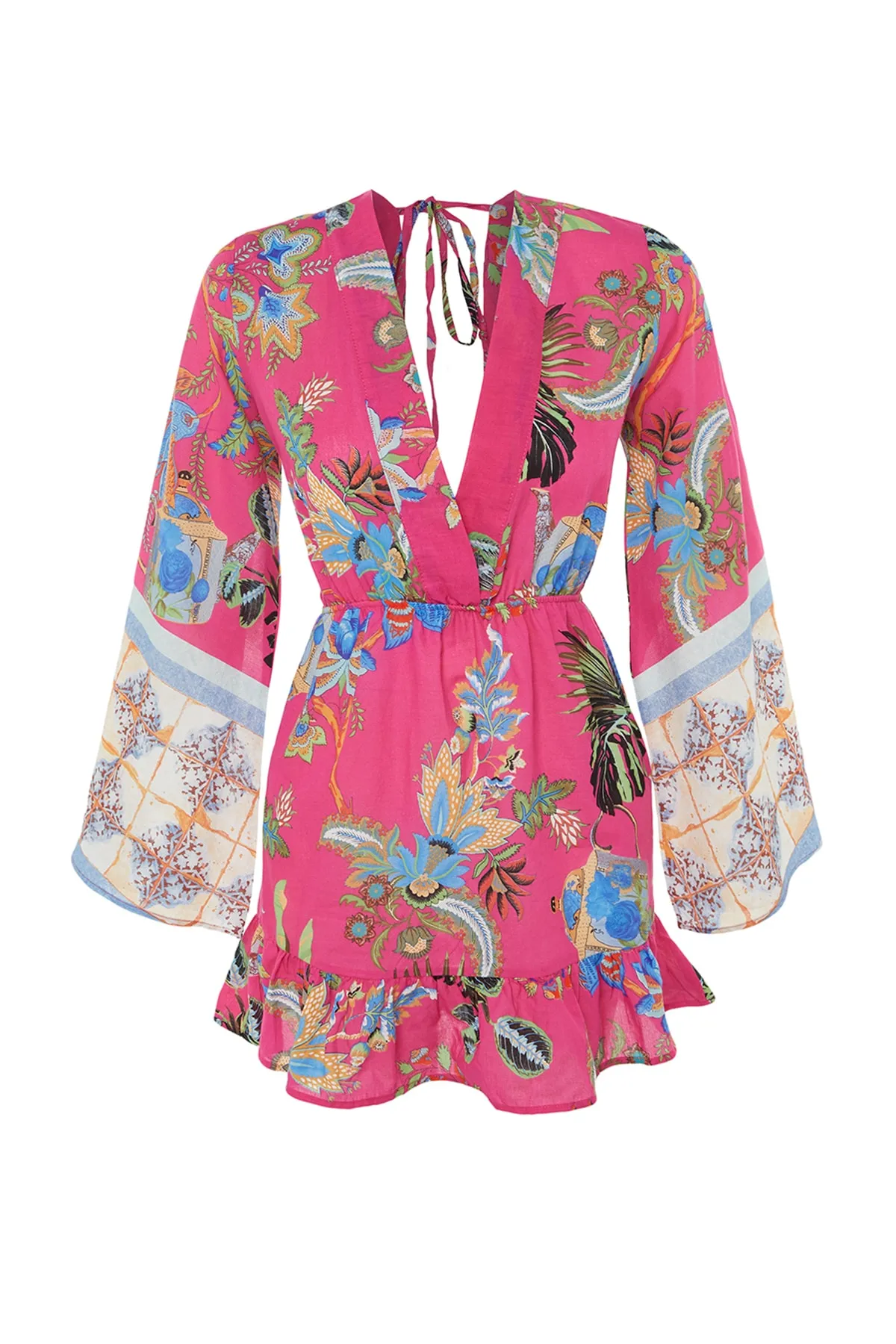 Trendyol Collection  Blumengemustertes Mini-Strandkleid mit gewebtem Volant aus 100 % Baumwolle TBESS23EL00030