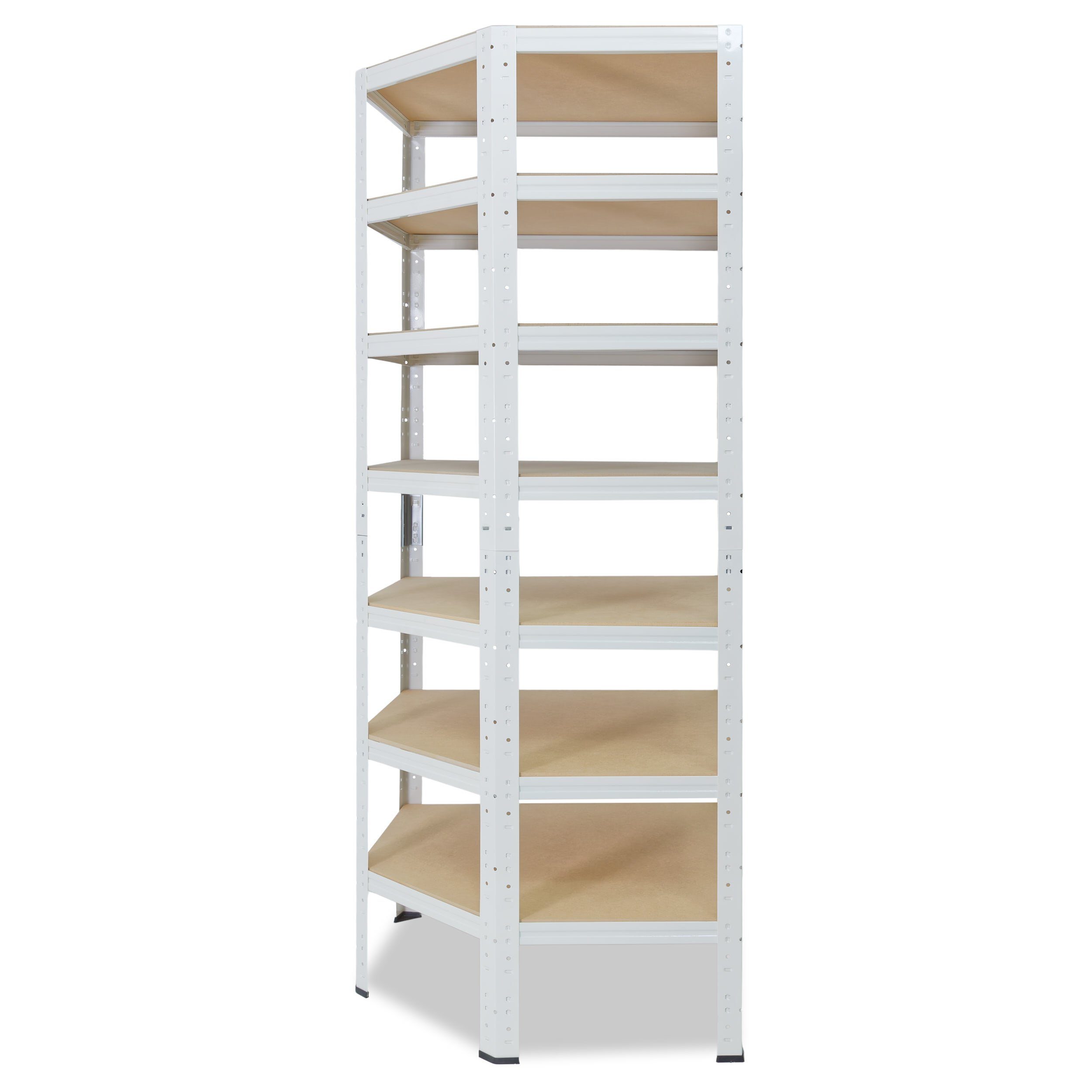 shelfplaza Eckregal HOME, 230x60x30cm weiß, Metall Eckregal stehend mit 7 Böden, Corner Shelf 125kg Tragkraft Schwerlastregal Ecke, Steckregal verzinkt Eckregal Keller Garagen Regal