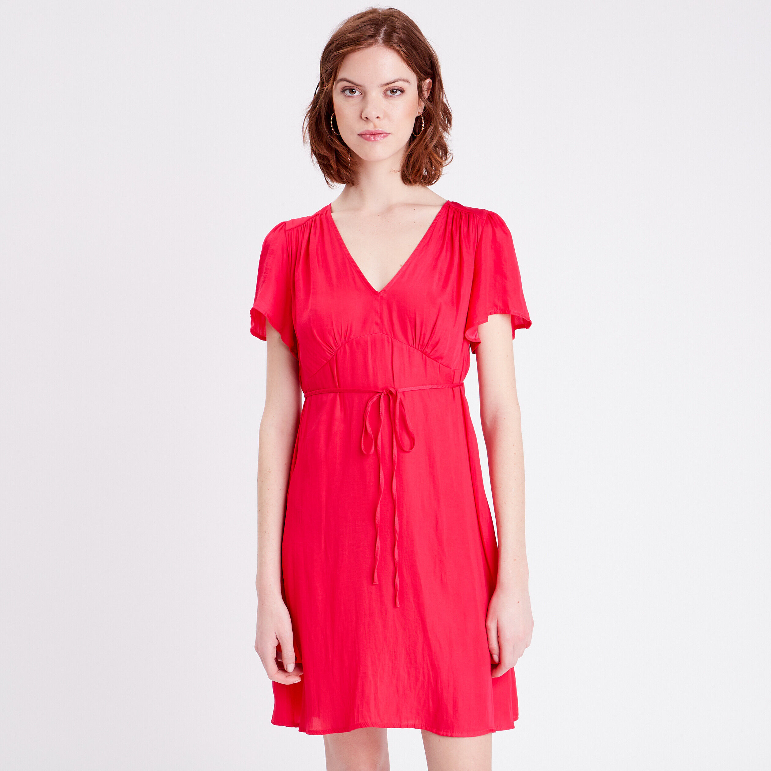 Robe cintrée satin col en V rose vif femme | Cache Cache