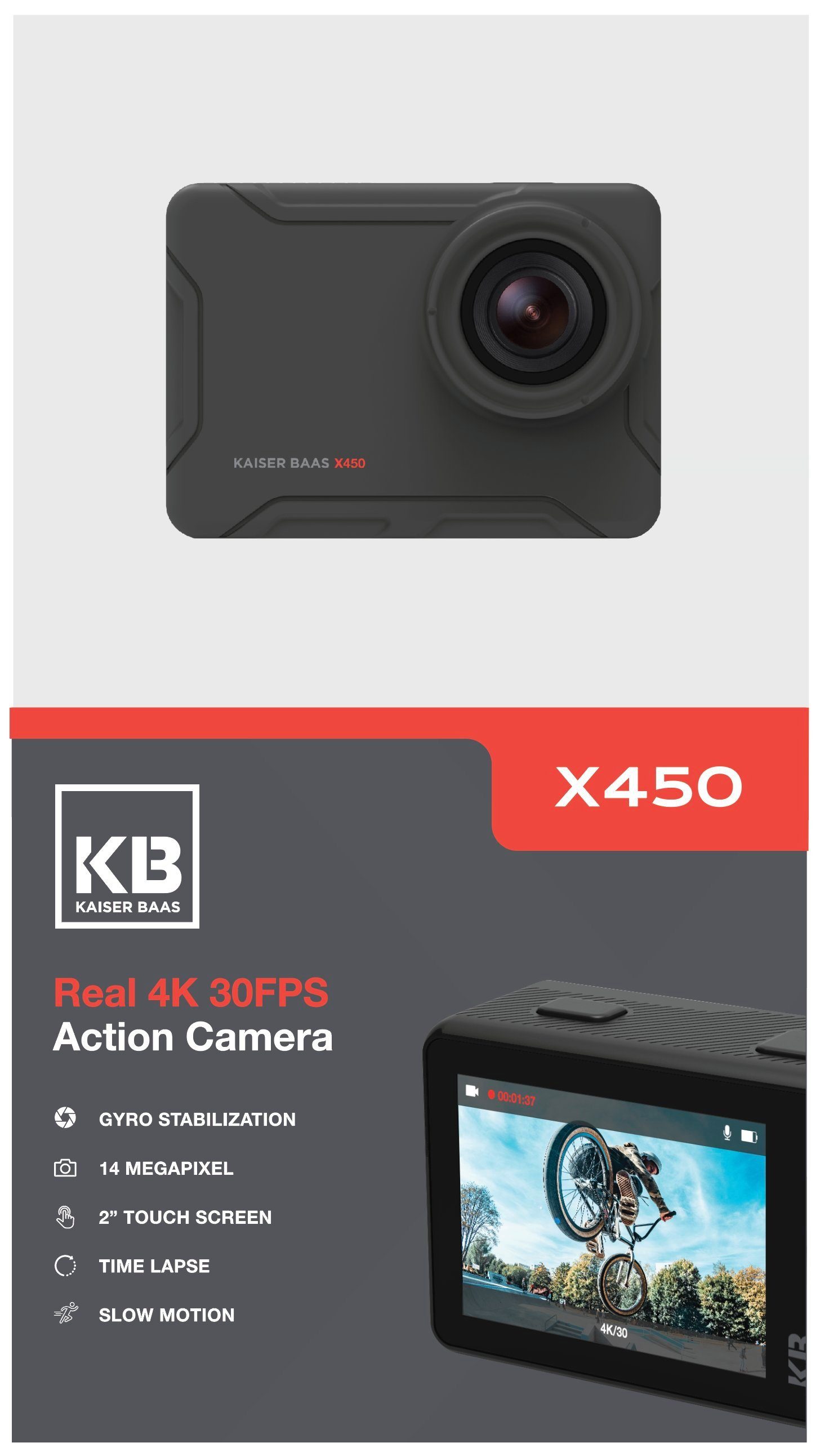 kaiser baas Kaiser Baas Action-Cam X450 Real 4K 30FPS Action Cam (4K Ultra HD, WLAN (Wi-Fi), Real 4K 30 FPS, 40m wasserdicht, Sony Sensor, Gyro Stabilisierung, Touchscreen)