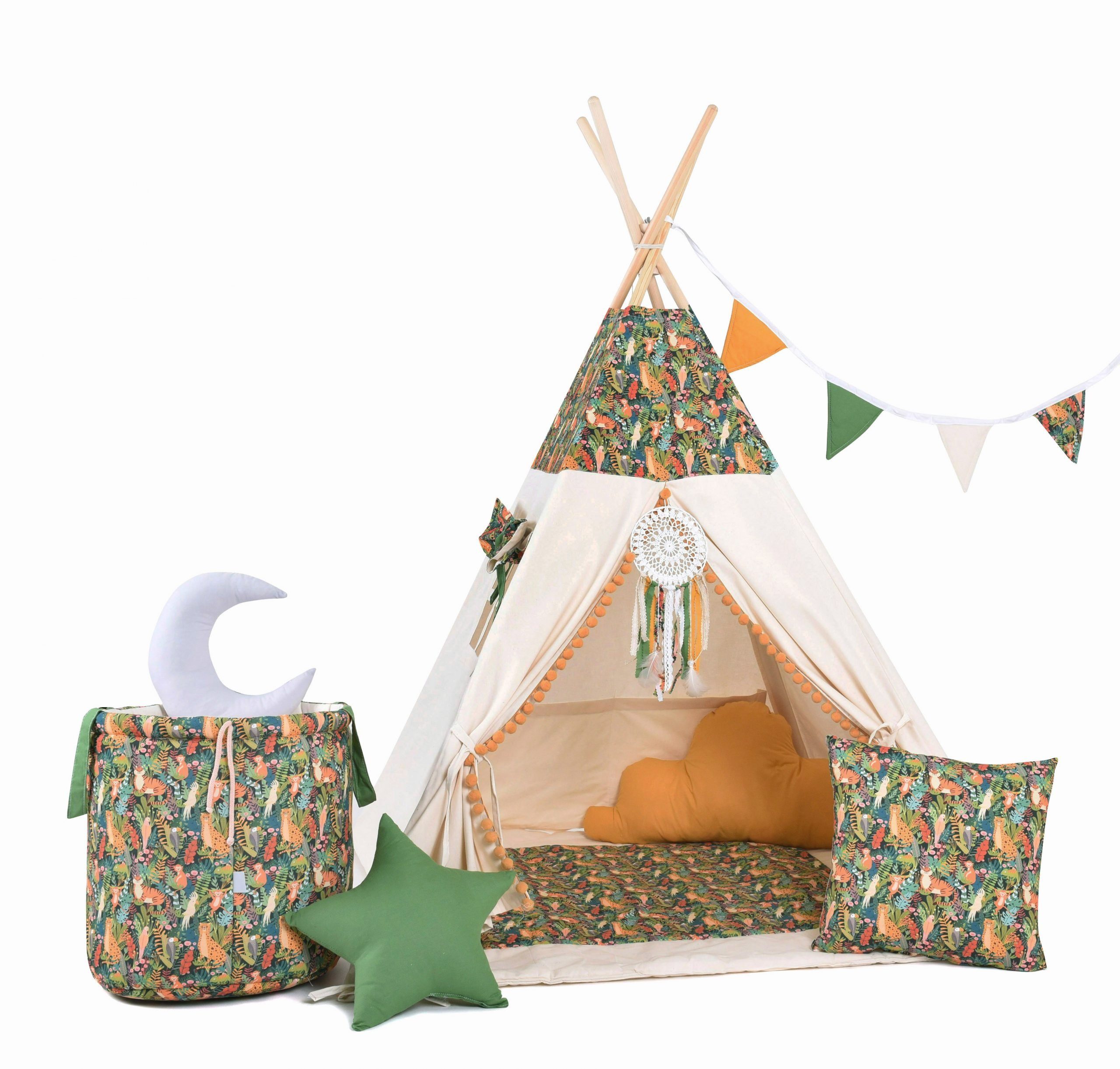 Rainbow Kids Tipi-Zelt Dschungel, Personen: 2 (mit Zubehör, 8 tlg., mit 4 Kissen, Matte, Spielzeugkorb und Wimpelkette)