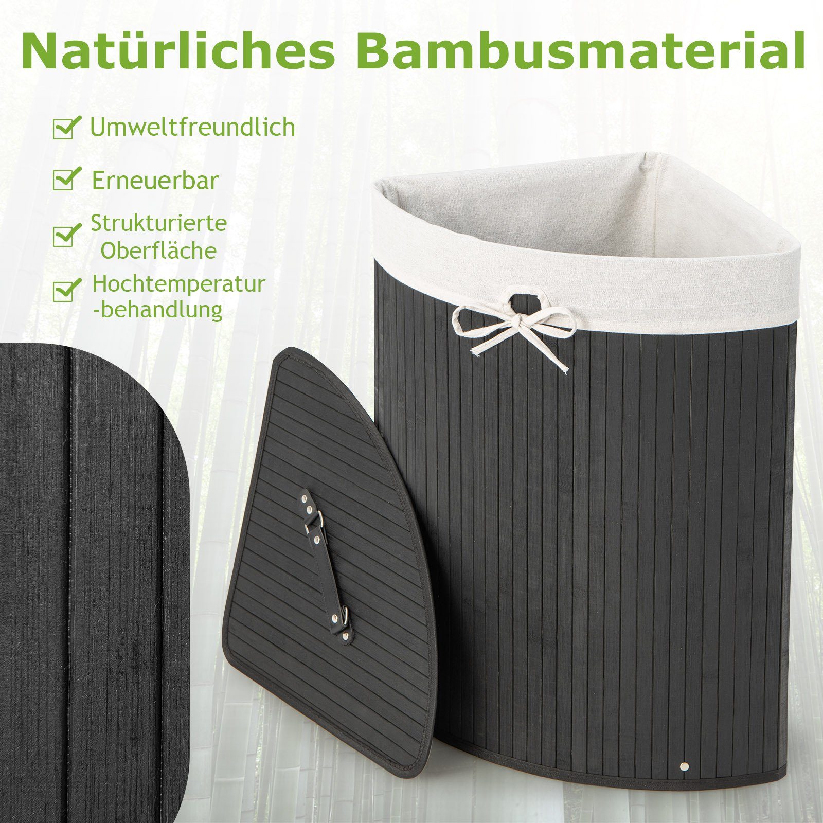 COSTWAY Wäschekorb, mit Deckel, 58L, Bambus, mit ausnehmbarer Innentasche