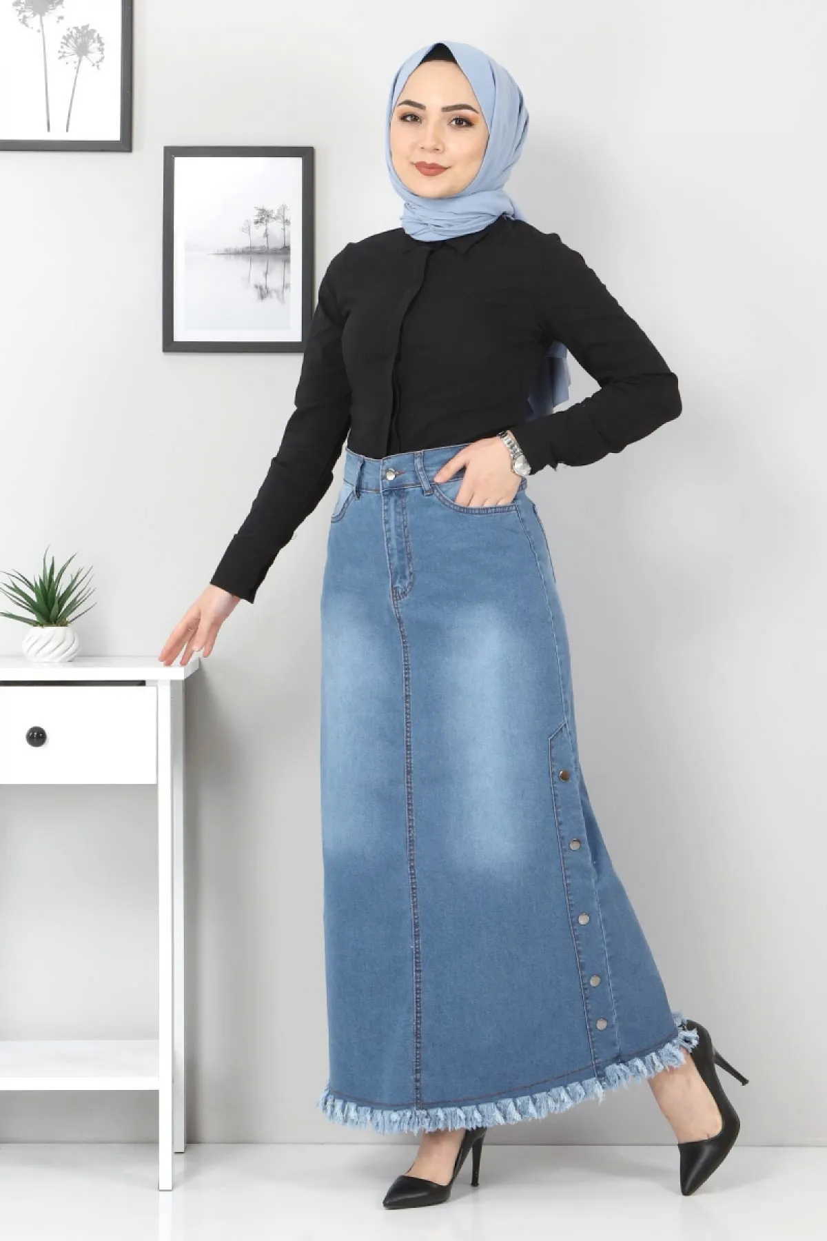 Tesettür Dünyası  Jeansrock mit ausgestellten Seiten Tsd22019 Hellblau