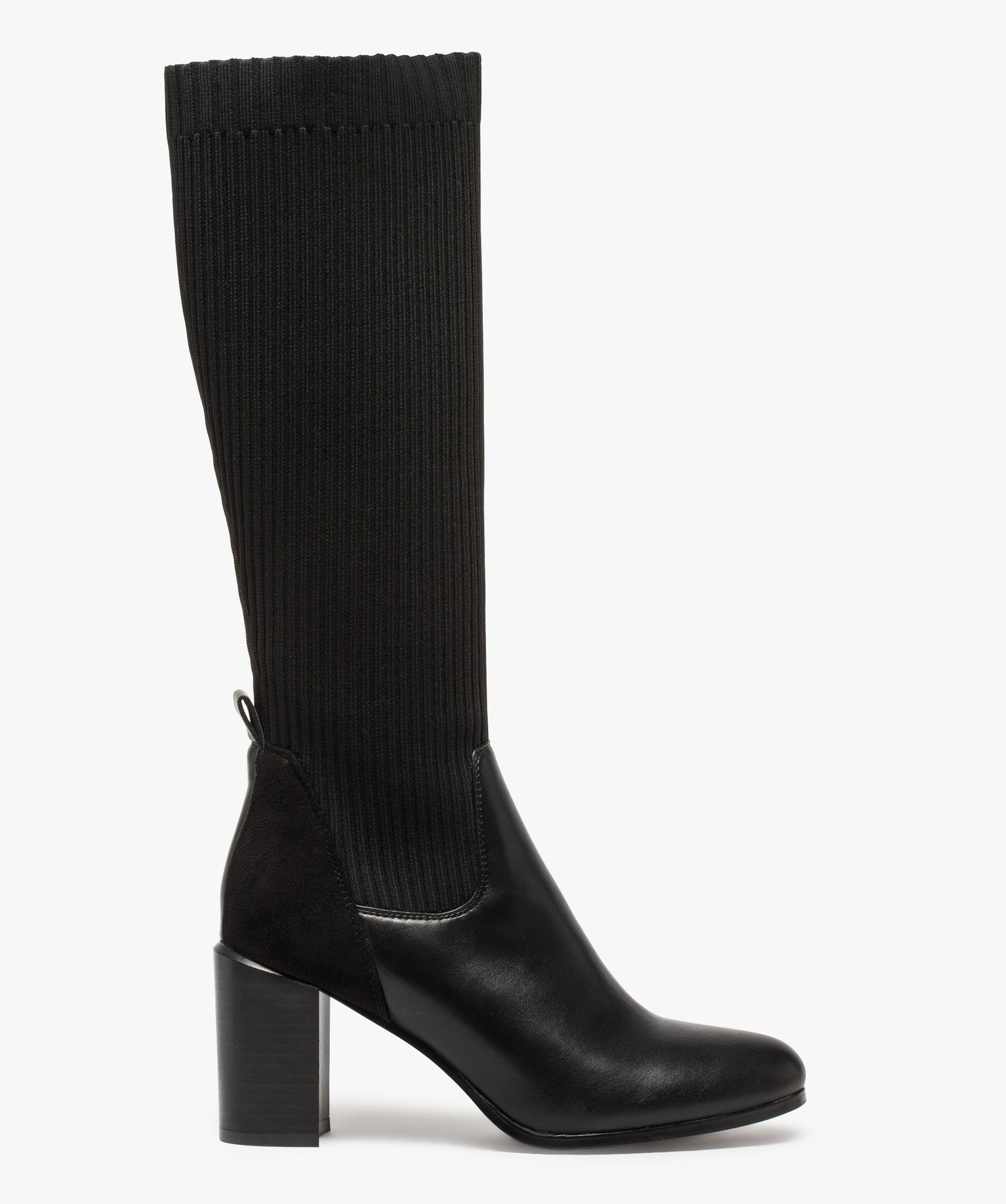 Bottes femme à talon tige chaussette en maille ctelée noir | GEMO