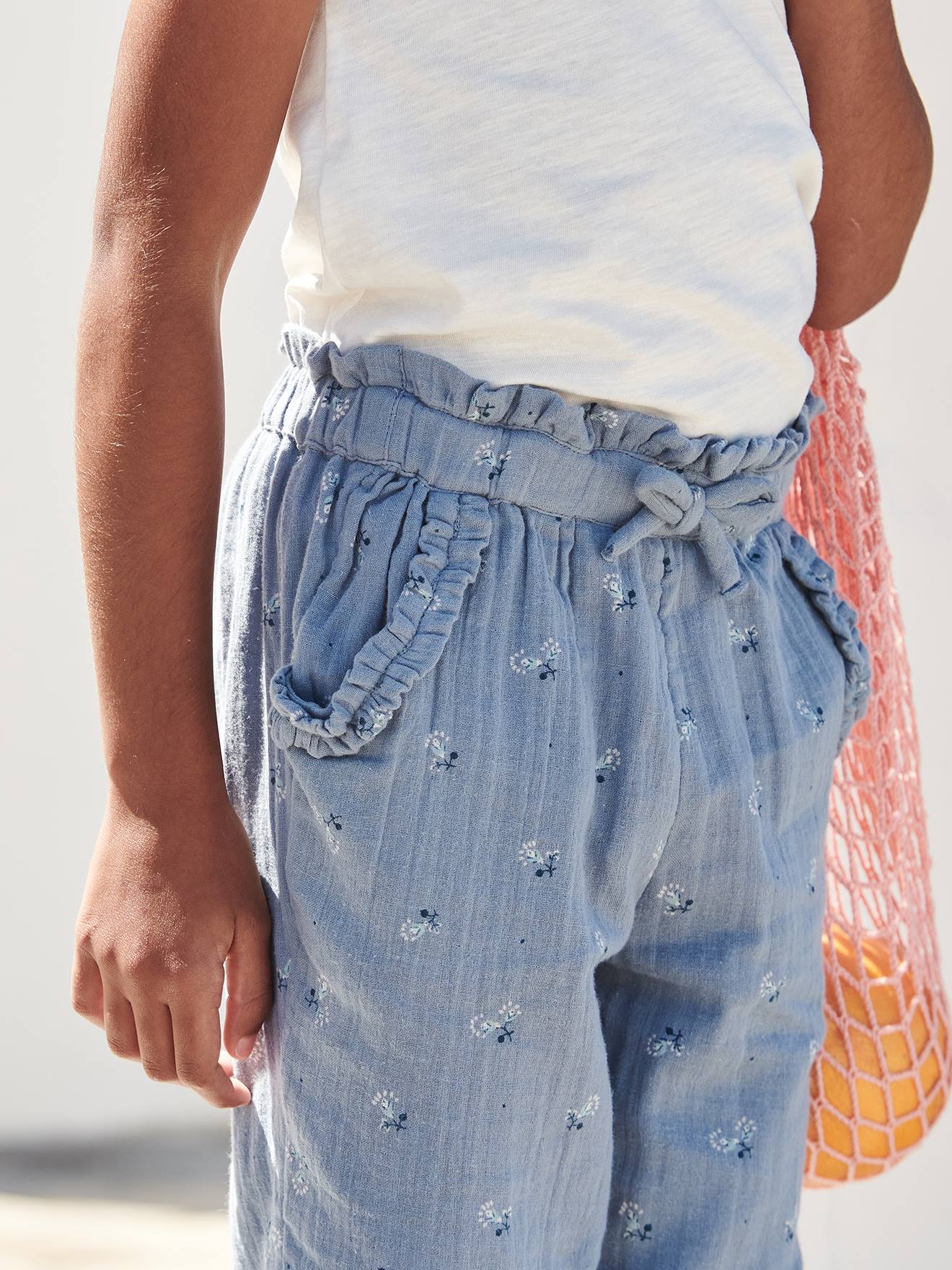 Pantacourt en gaze de coton fille bleu