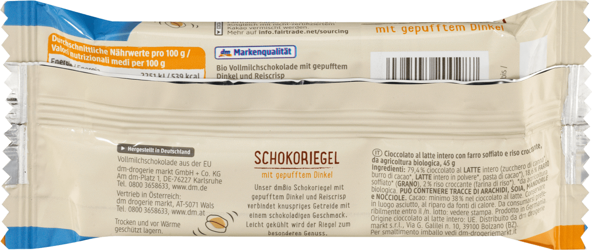 Schokoriegel, Vollmilch mit gepufftem Dinkel, 45 g