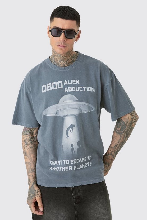 Tall zerrissenes Oversize T-Shirt mit Alien-Print