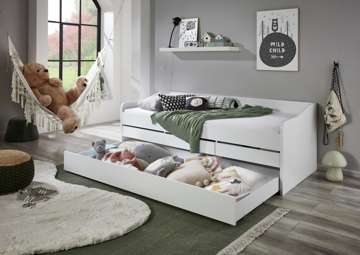 Relita Funktionsbett JILL 90x200 ohne Lattenrost, 3 Schubladen u. Bettschublade Dekor Weiß